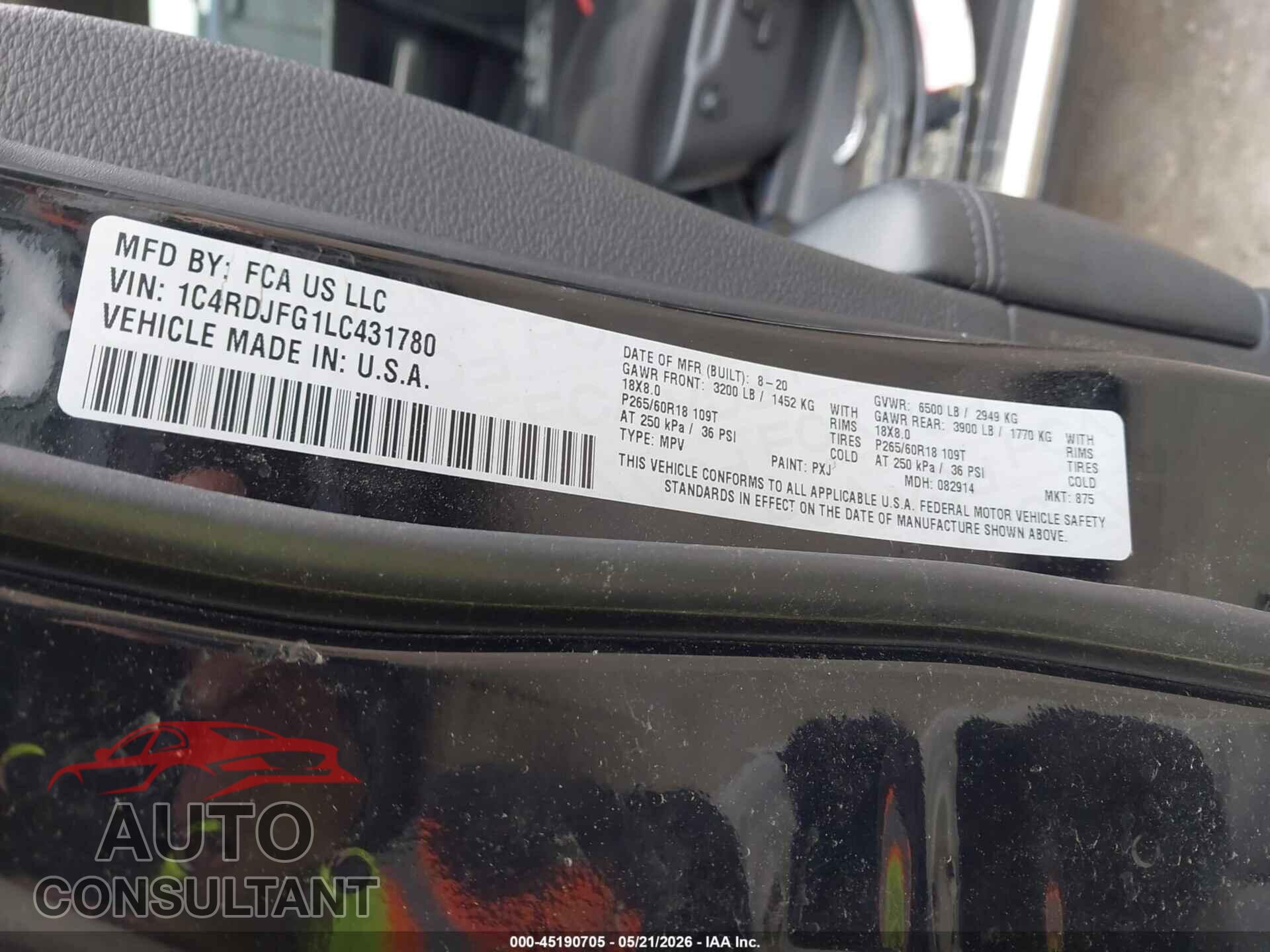 DODGE DURANGO 2020 - 1C4RDJFG1LC431780