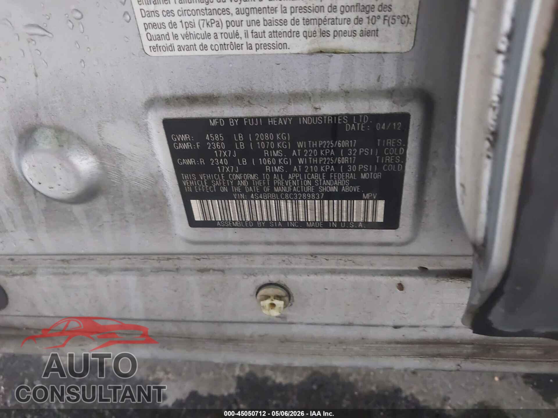 SUBARU OUTBACK 2012 - 4S4BRBLC8C3289837