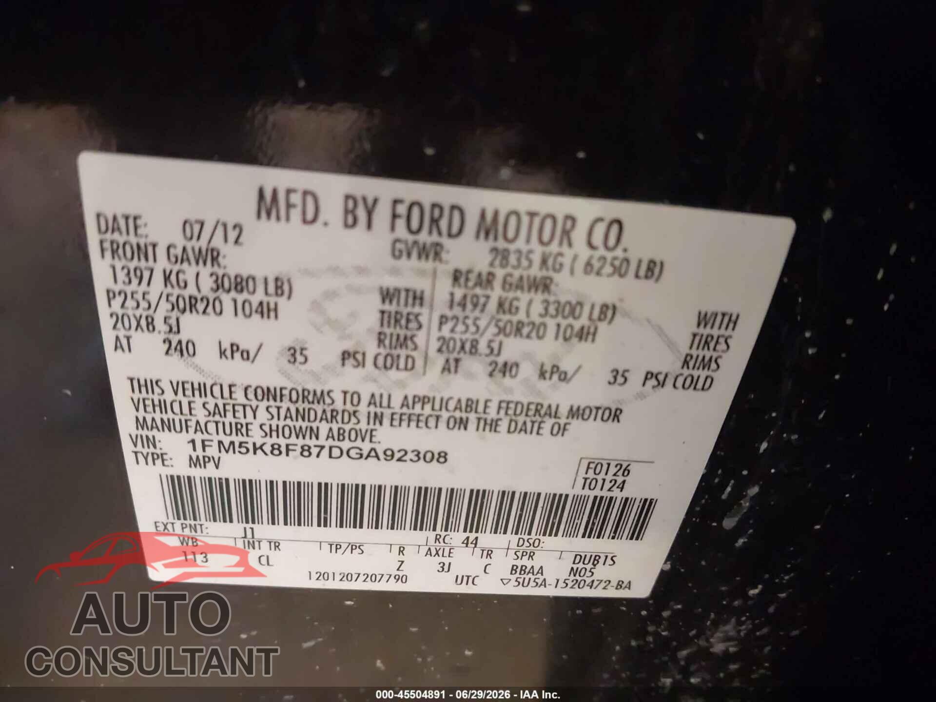 FORD EXPLORER 2013 - 1FM5K8F87DGA92308