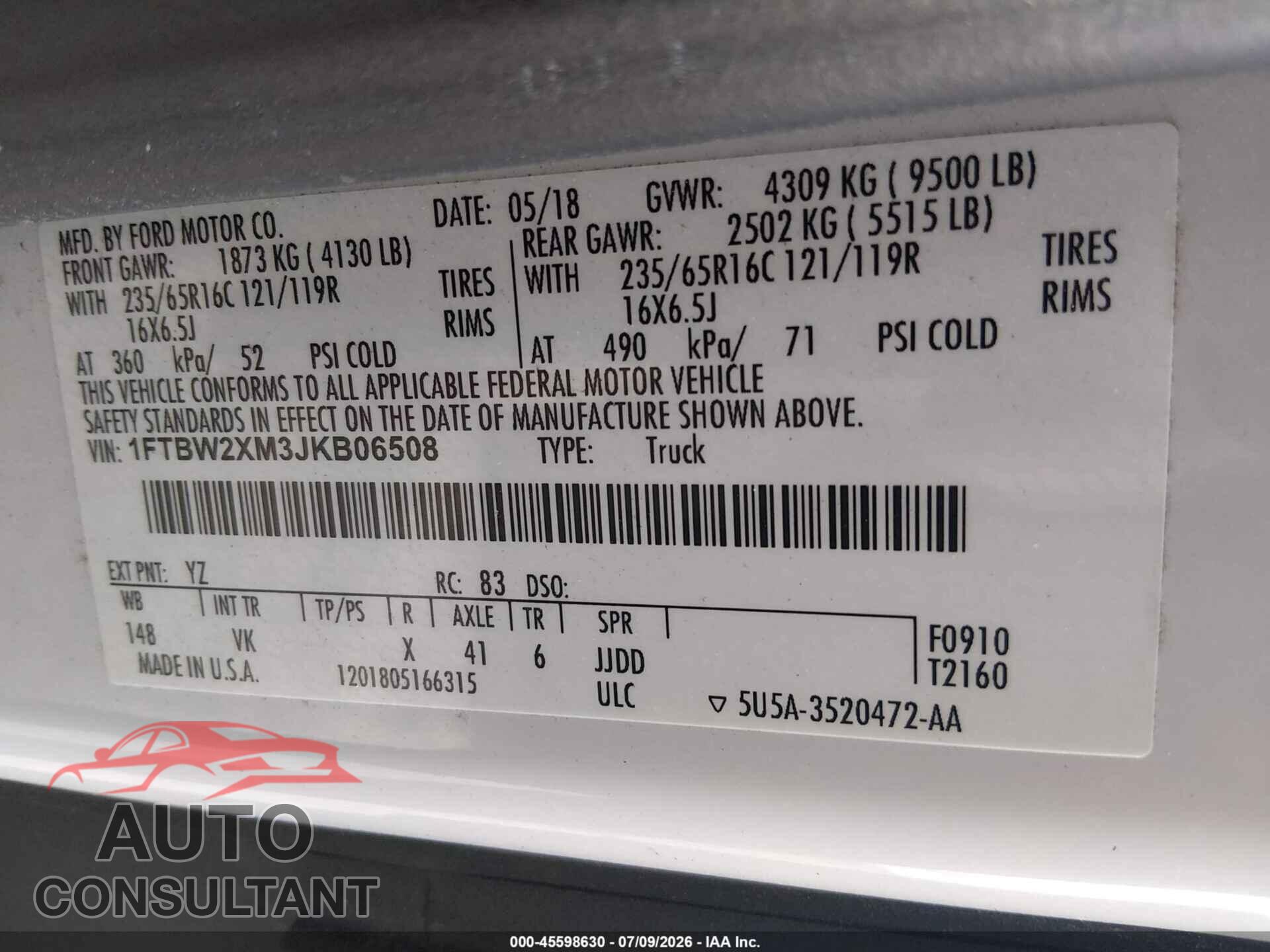 FORD TRANSIT-350 2018 - 1FTBW2XM3JKB06508