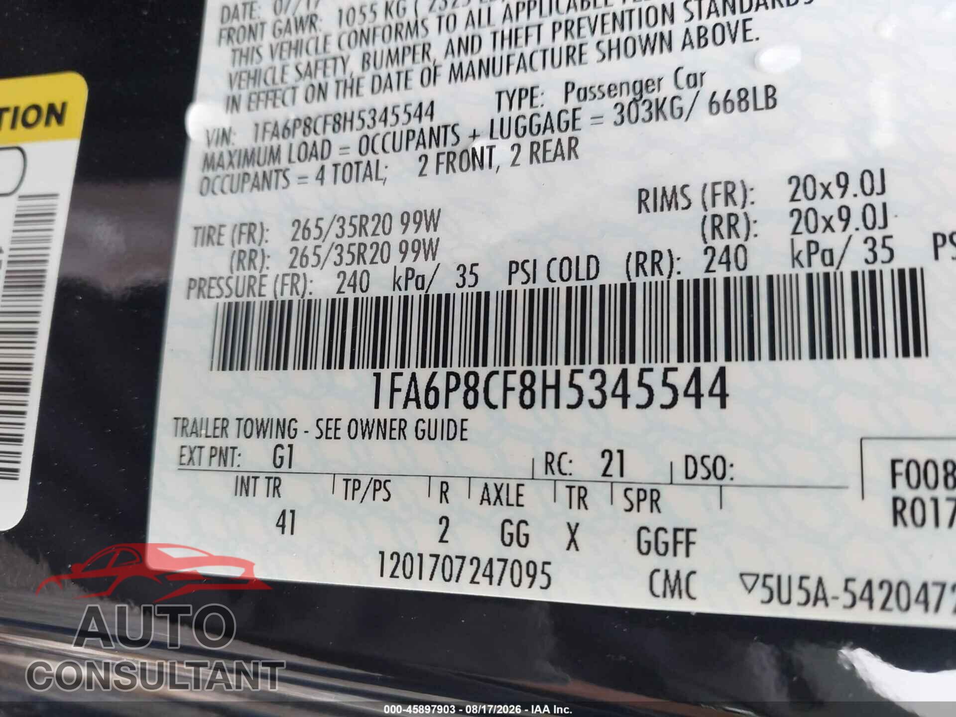 FORD MUSTANG 2017 - 1FA6P8CF8H5345544
