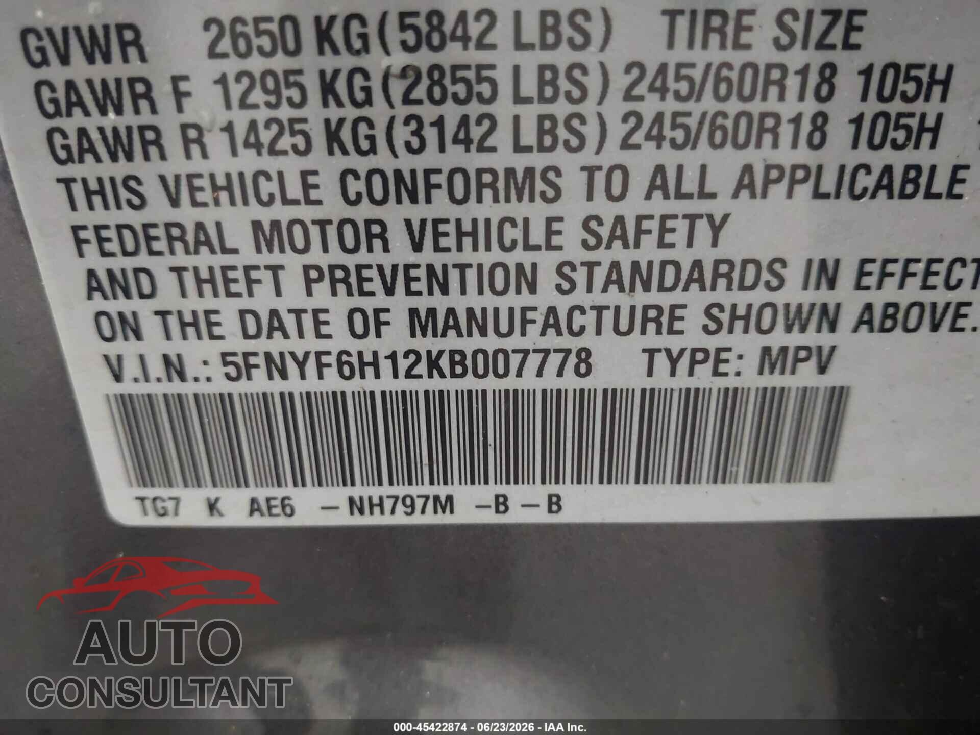 HONDA PILOT 2019 - 5FNYF6H12KB007778