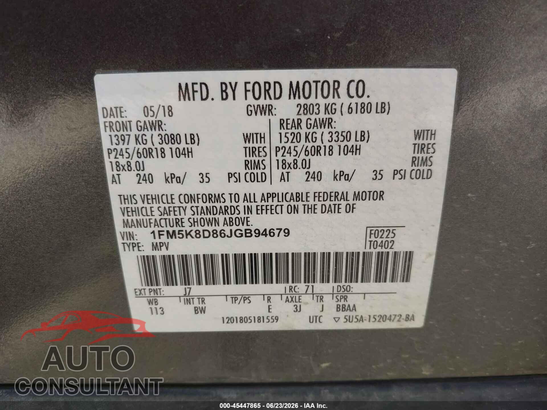 FORD EXPLORER 2018 - 1FM5K8D86JGB94679