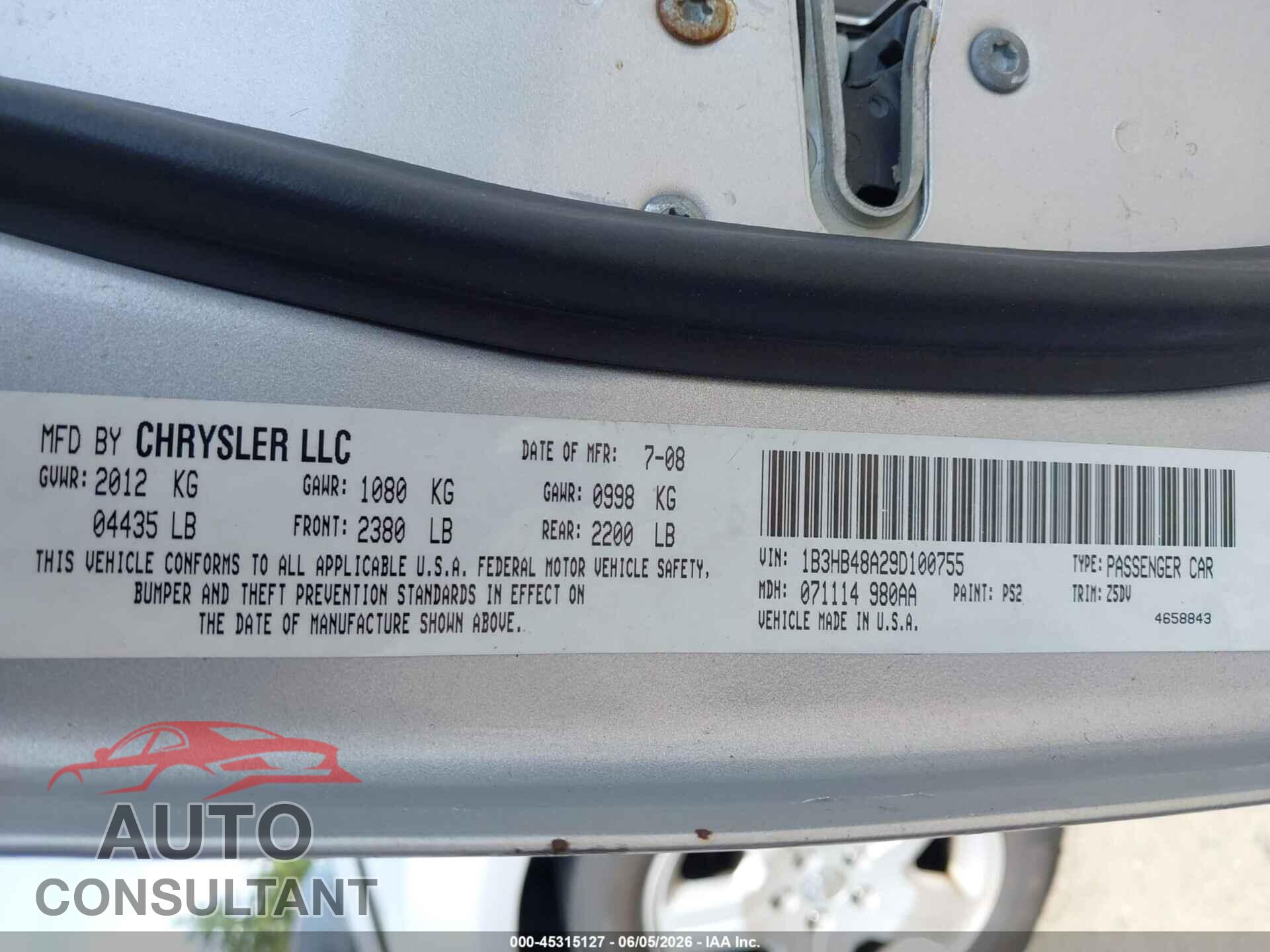 DODGE CALIBER 2009 - 1B3HB48A29D100755