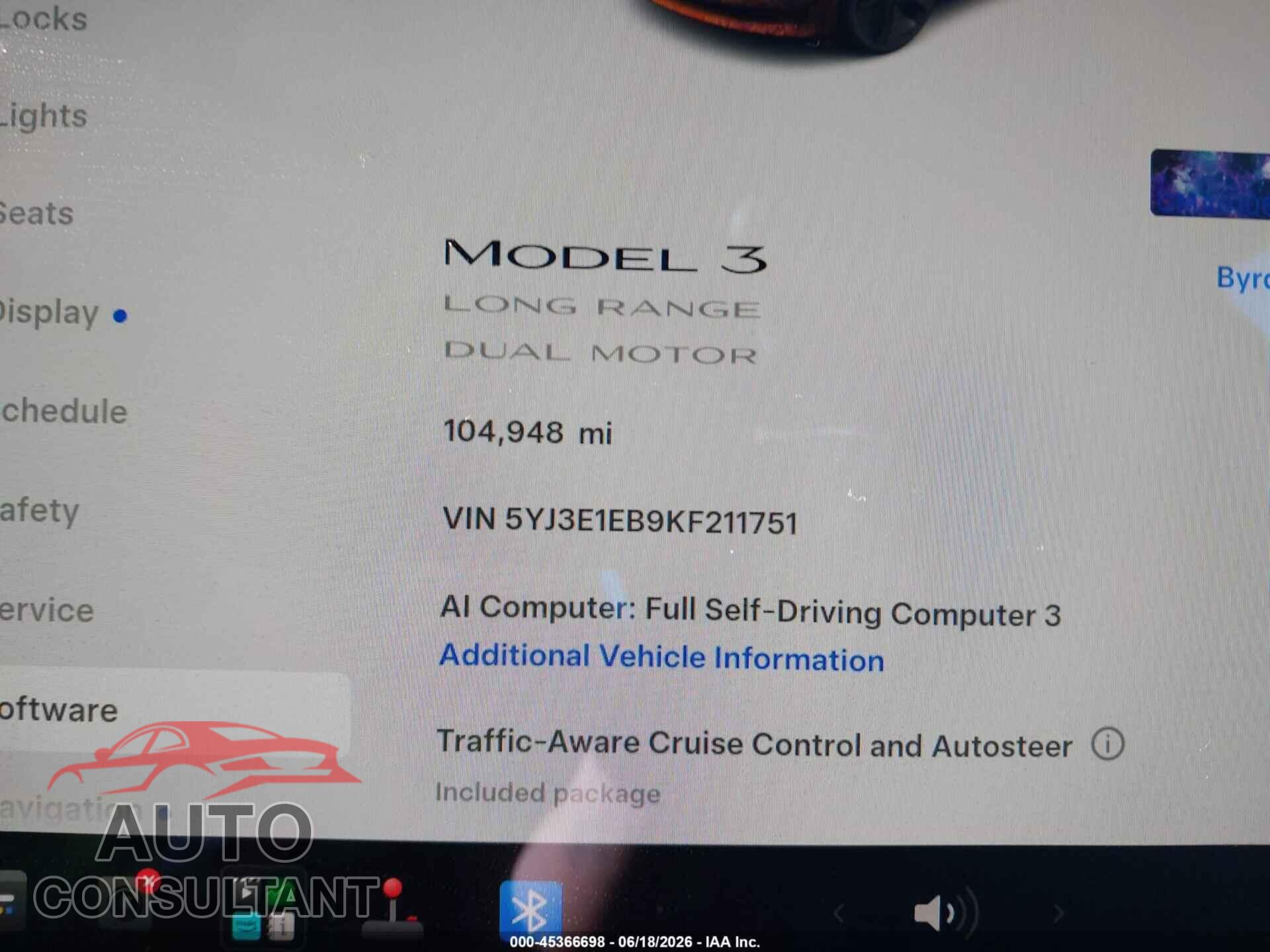 TESLA MODEL 3 2019 - 5YJ3E1EB9KF211751