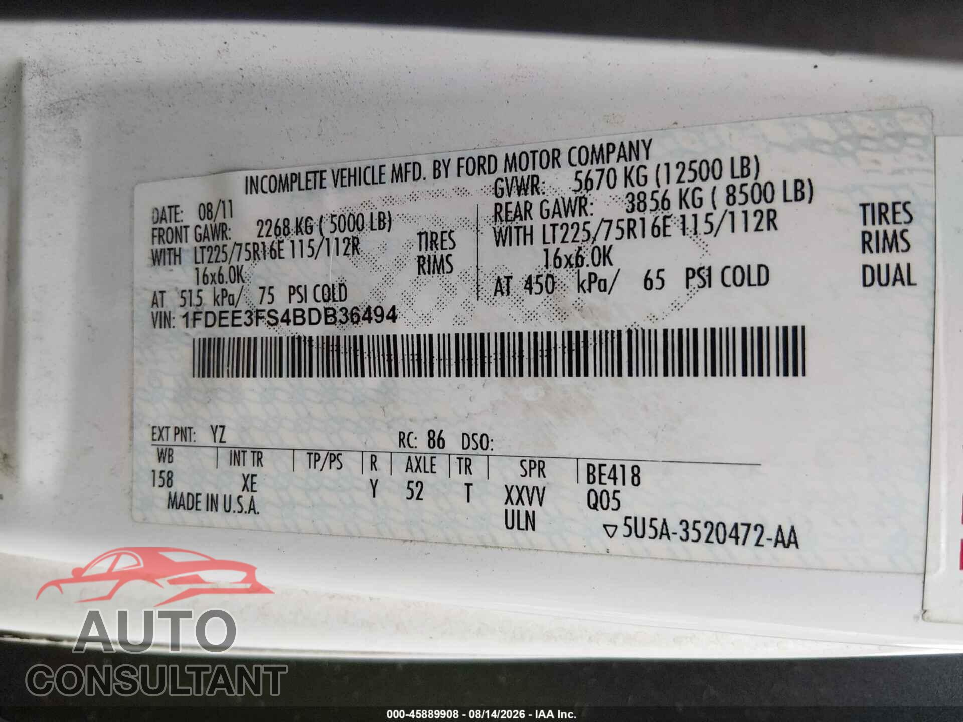FORD E-350 CUTAWAY 2011 - 1FDEE3FS4BDB36494