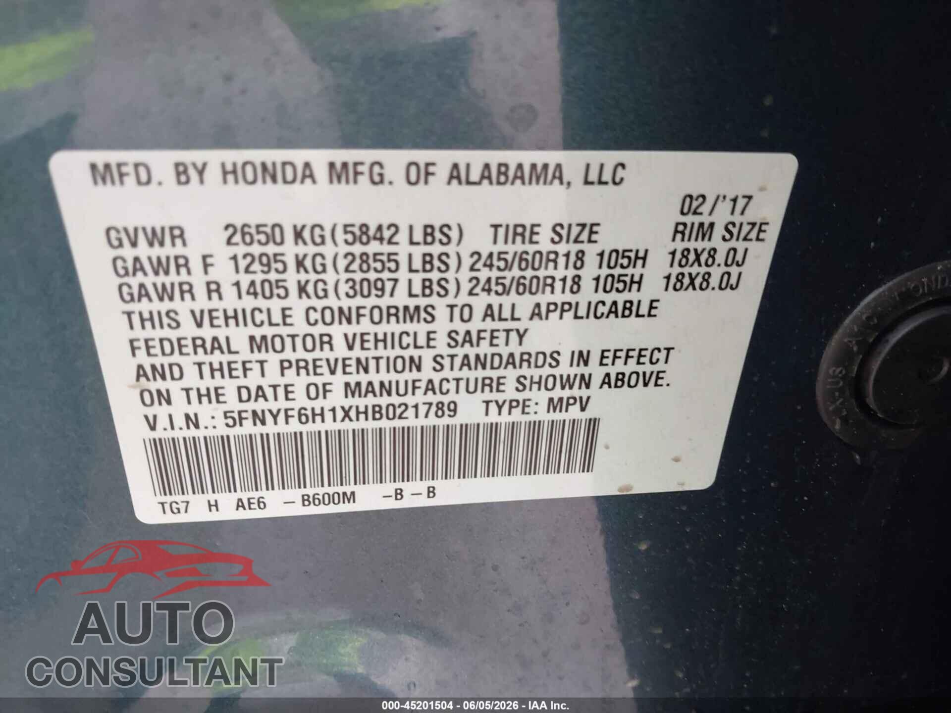 HONDA PILOT 2017 - 5FNYF6H1XHB021789