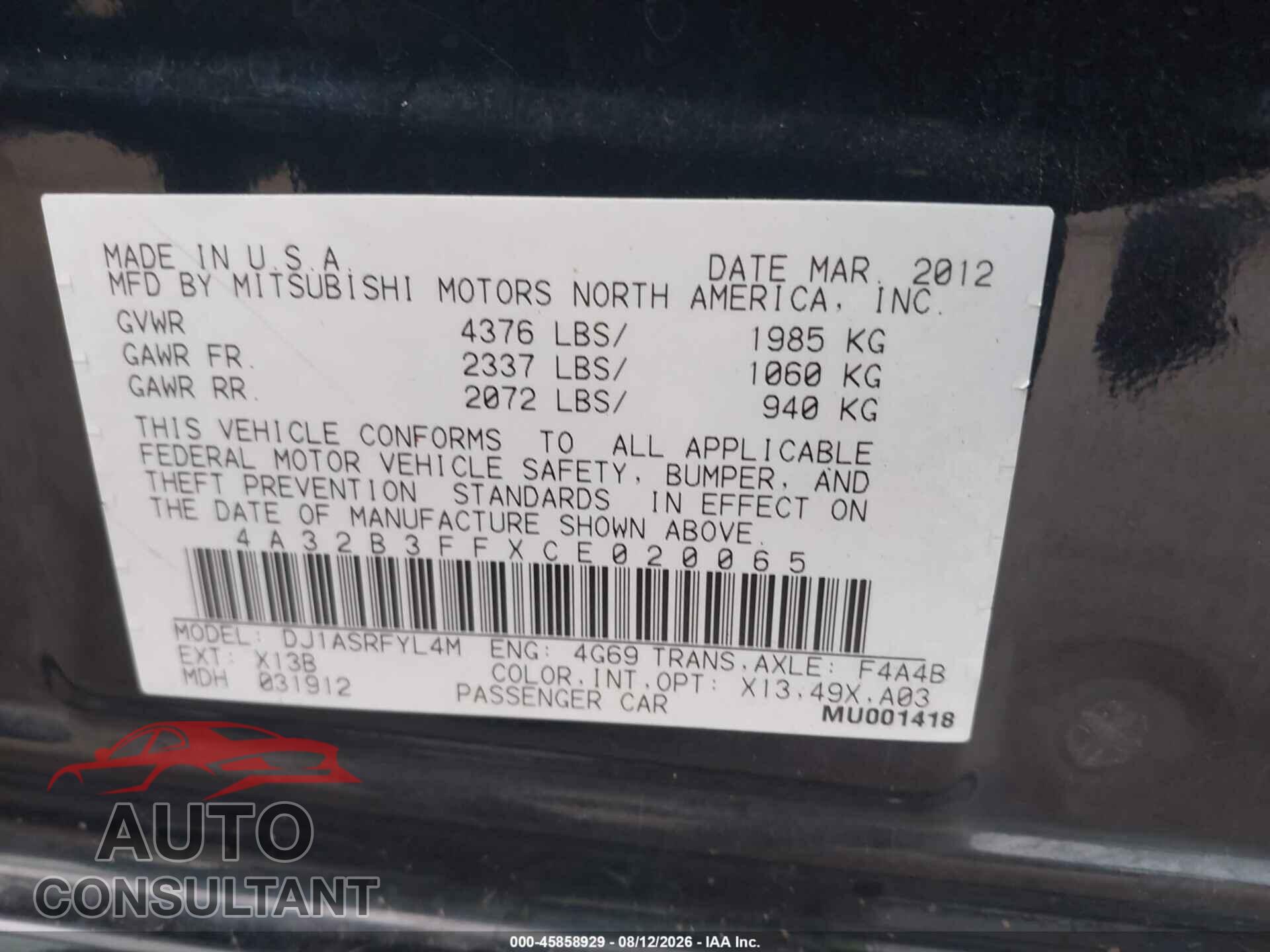 MITSUBISHI GALANT 2012 - 4A32B3FFXCE020065