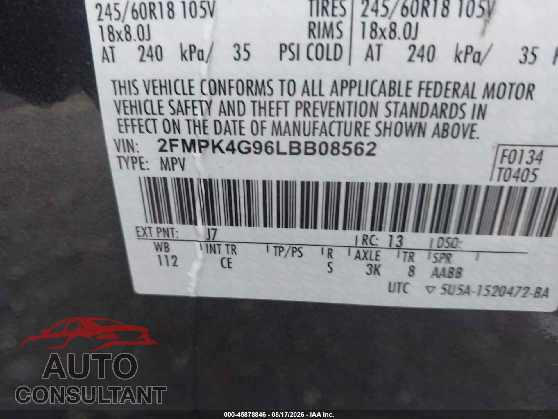 FORD EDGE 2020 - 2FMPK4G96LBB08562