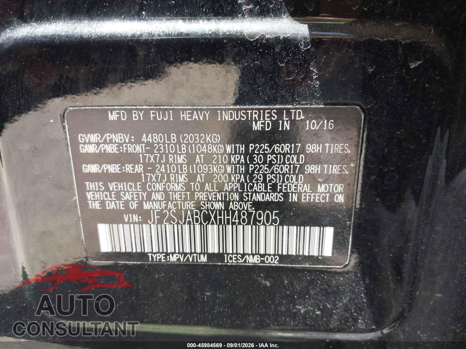 SUBARU FORESTER 2017 - JF2SJABCXHH487905