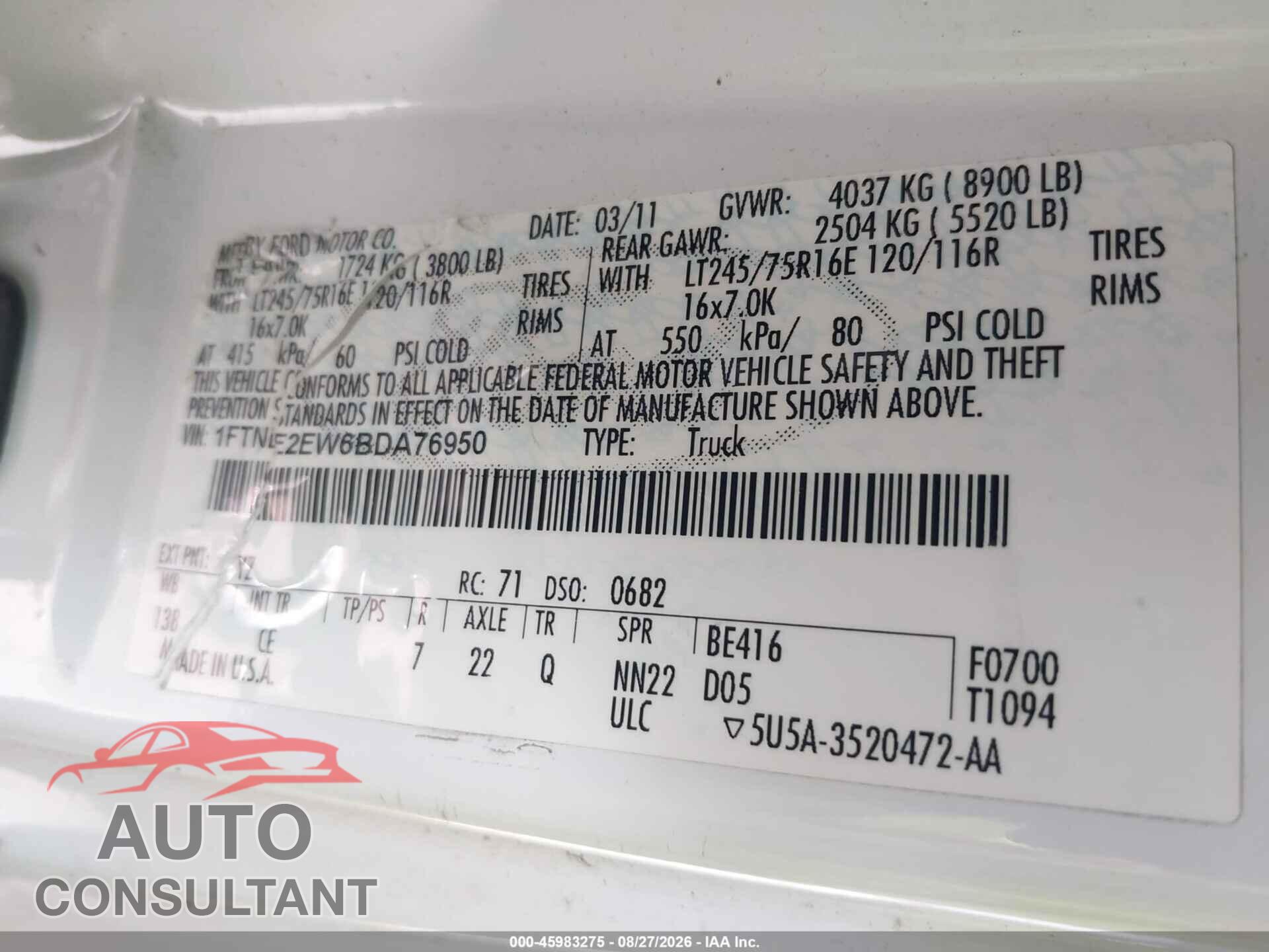 FORD E-250 2011 - 1FTNE2EW6BDA76950