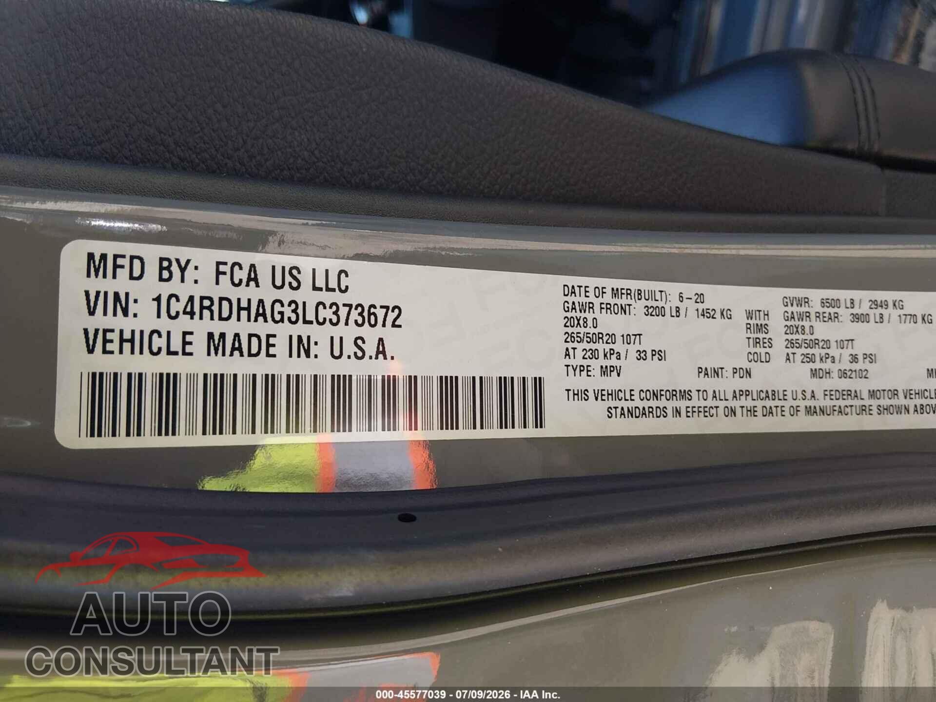 DODGE DURANGO 2020 - 1C4RDHAG3LC373672