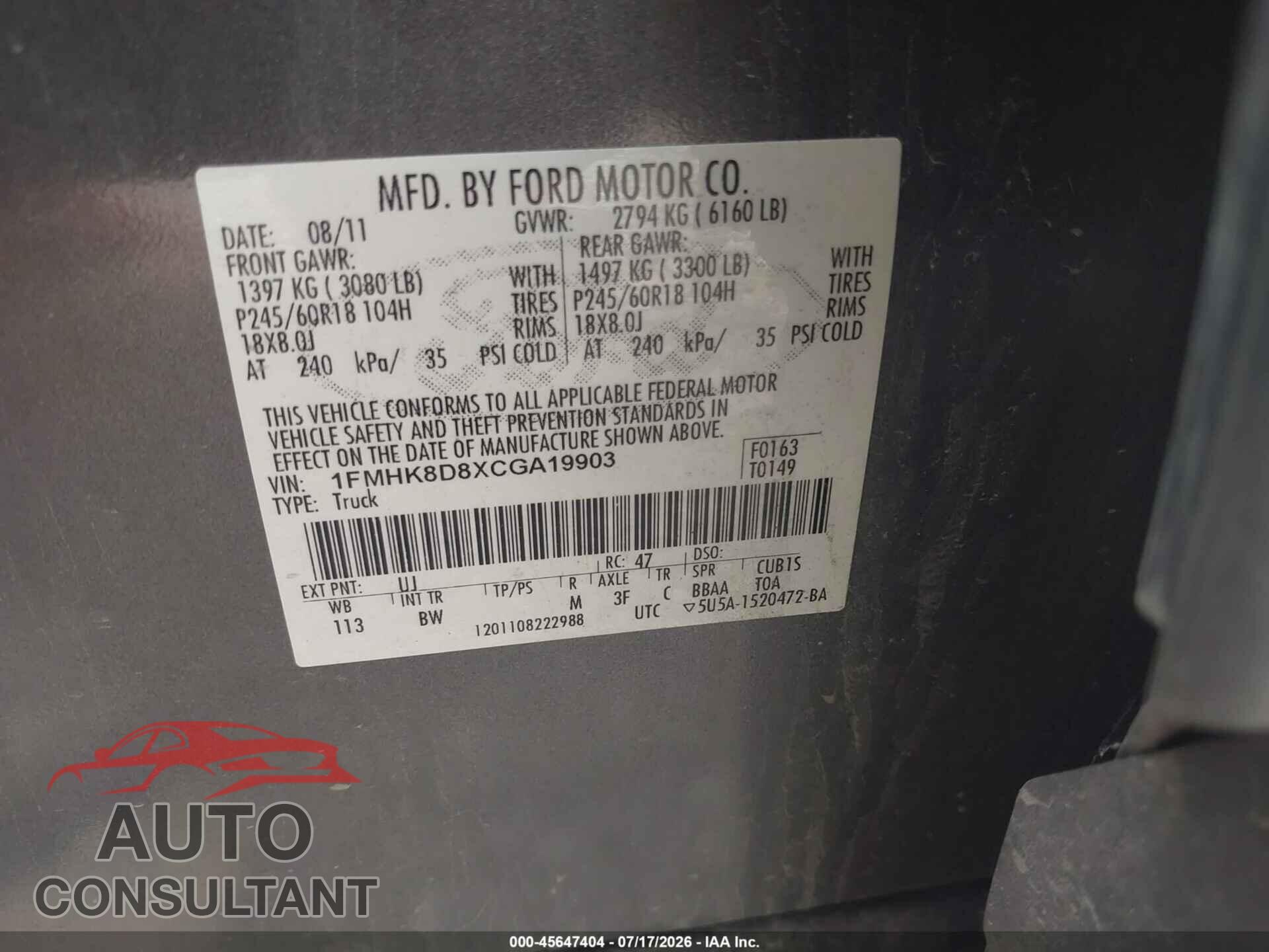 FORD EXPLORER 2012 - 1FMHK8D8XCGA19903