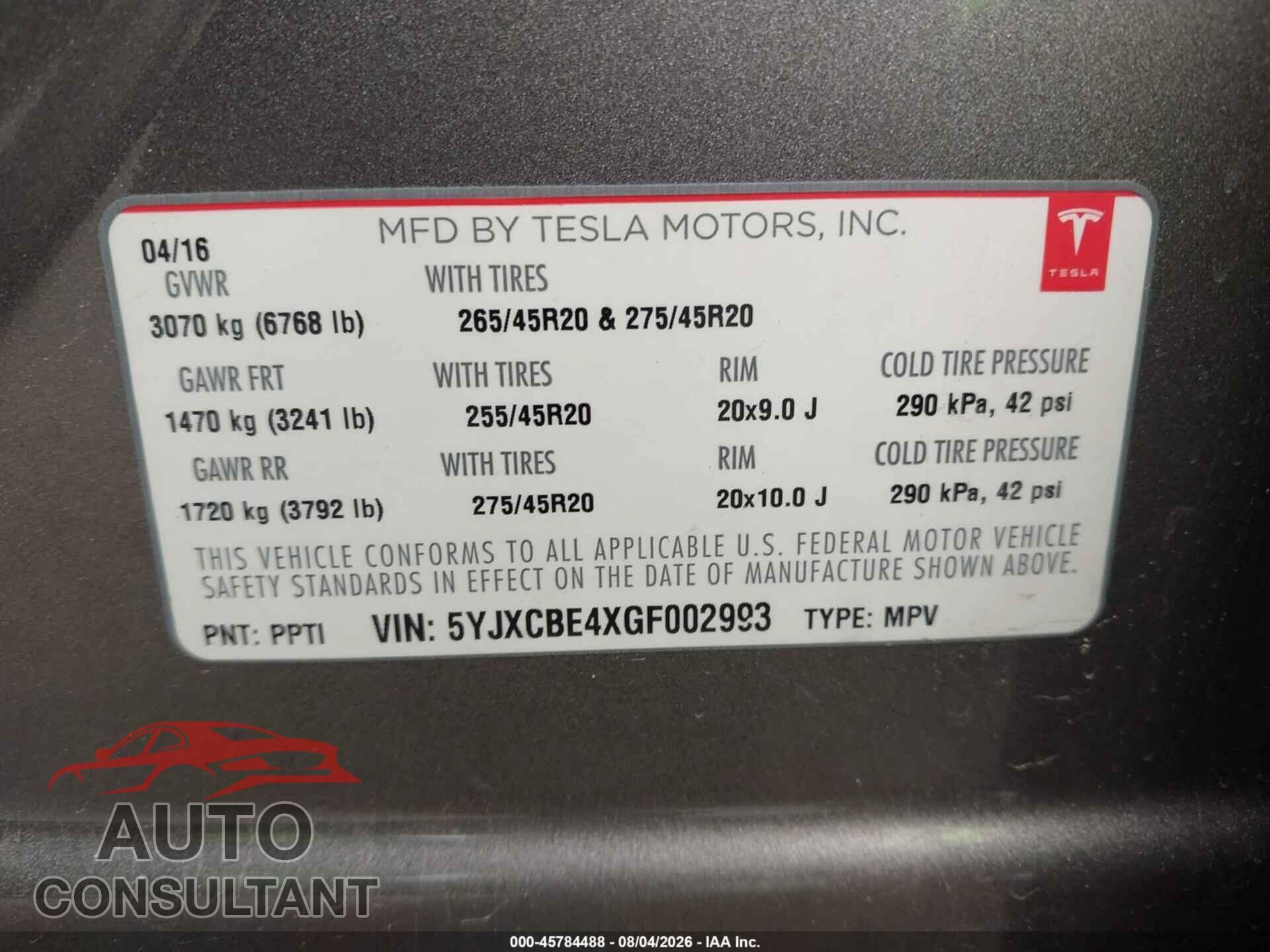 TESLA MODEL X 2016 - 5YJXCBE4XGF002993