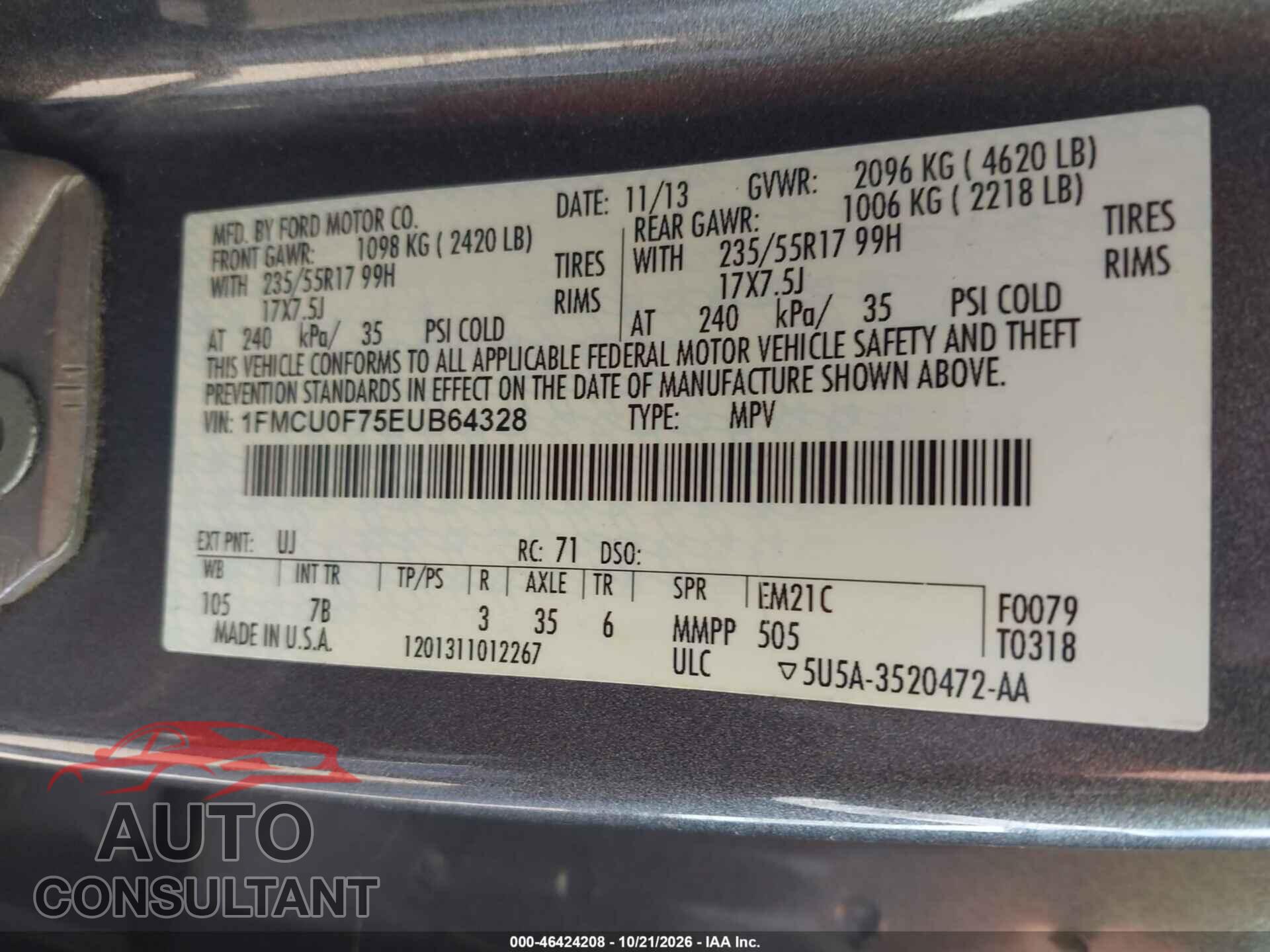 FORD ESCAPE 2014 - 1FMCU0F75EUB64328