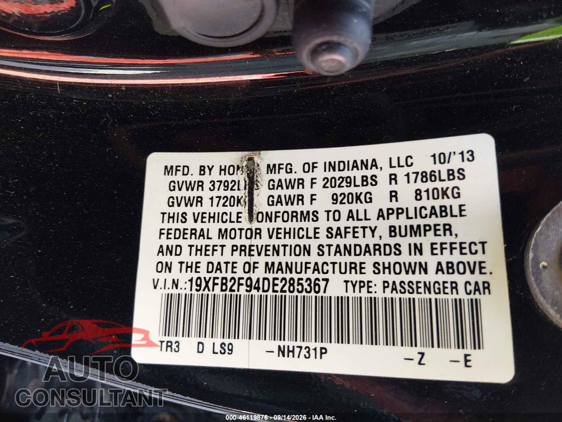 HONDA CIVIC 2013 - 19XFB2F94DE285367