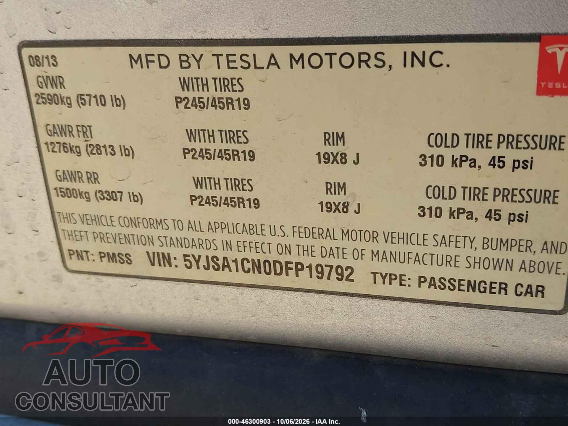 TESLA MODEL S 2013 - 5YJSA1CN0DFP19792