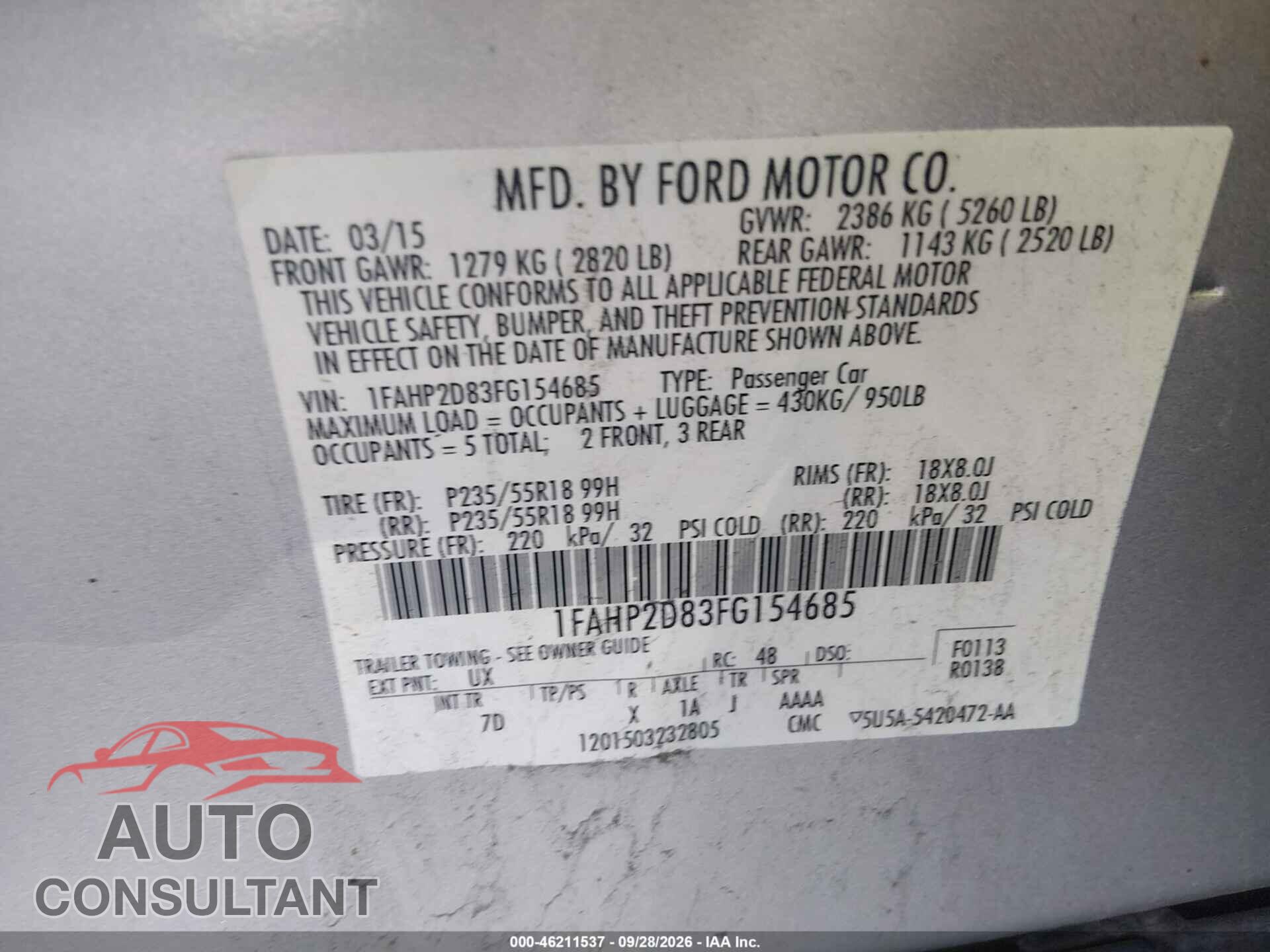 FORD TAURUS 2015 - 1FAHP2D83FG154685