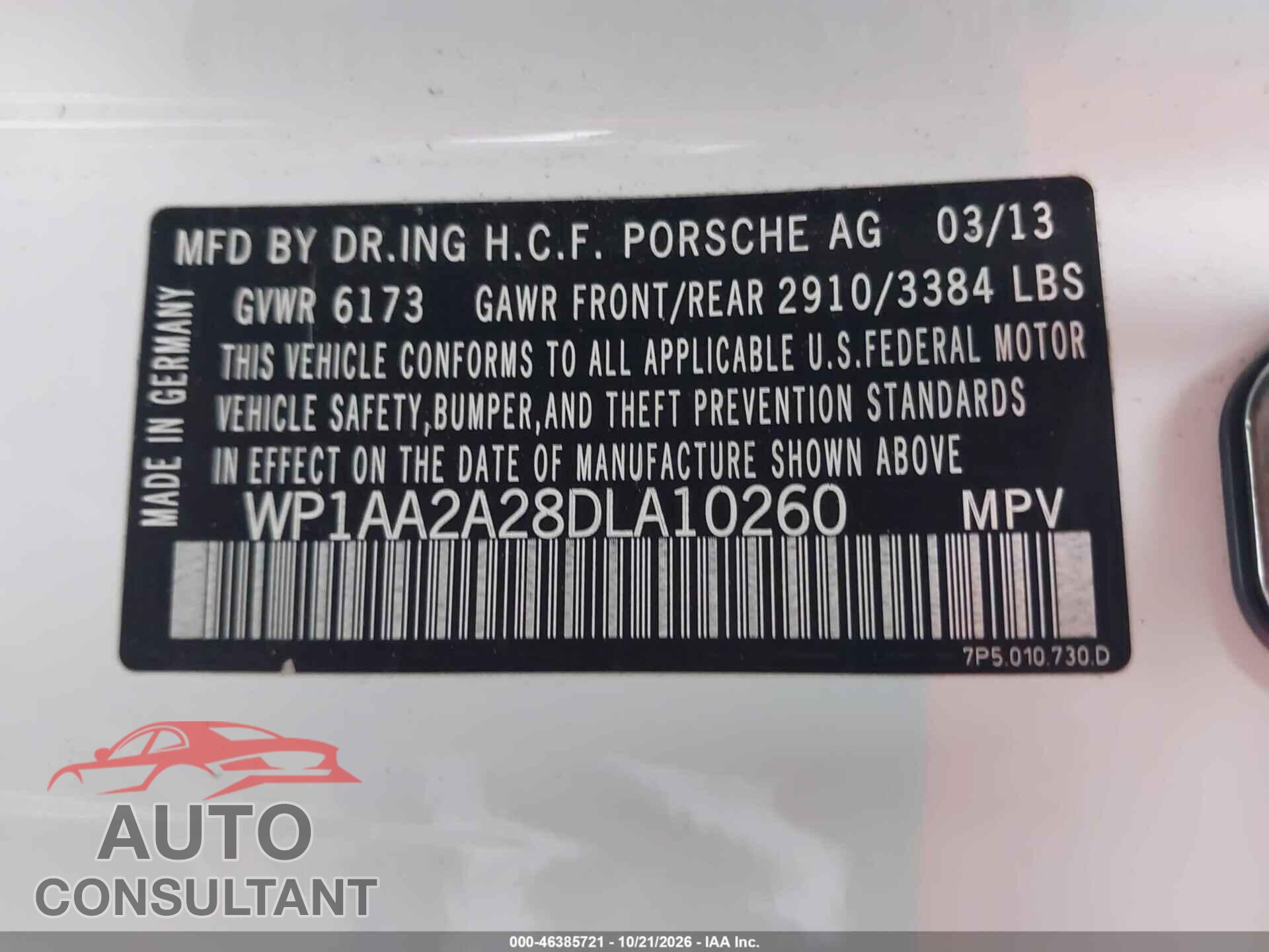 PORSCHE CAYENNE 2013 - WP1AA2A28DLA10260