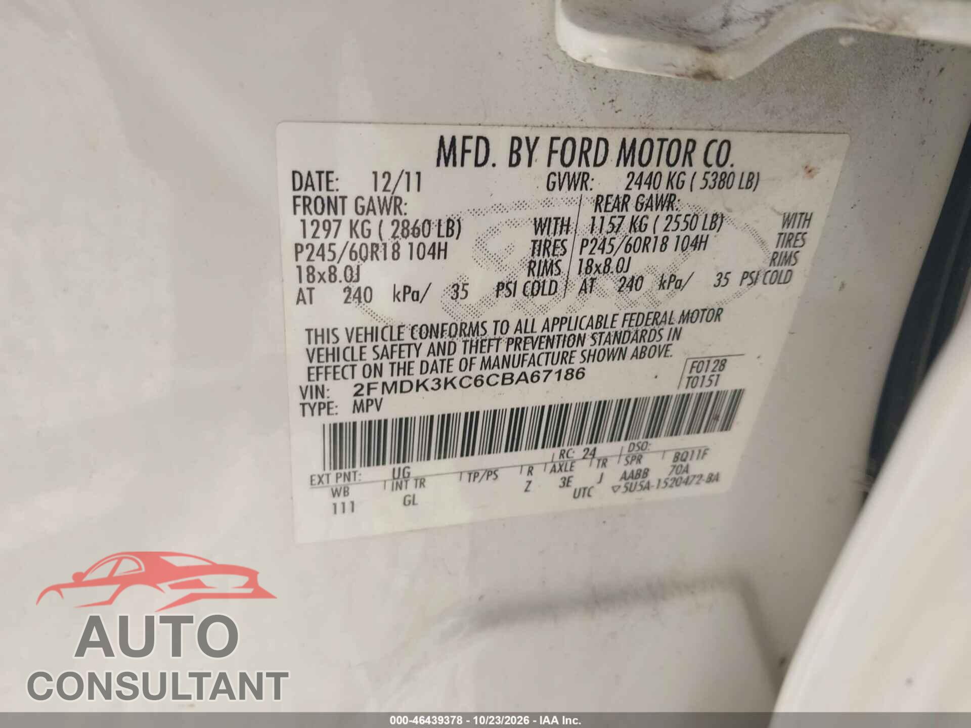 FORD EDGE 2012 - 2FMDK3KC6CBA67186