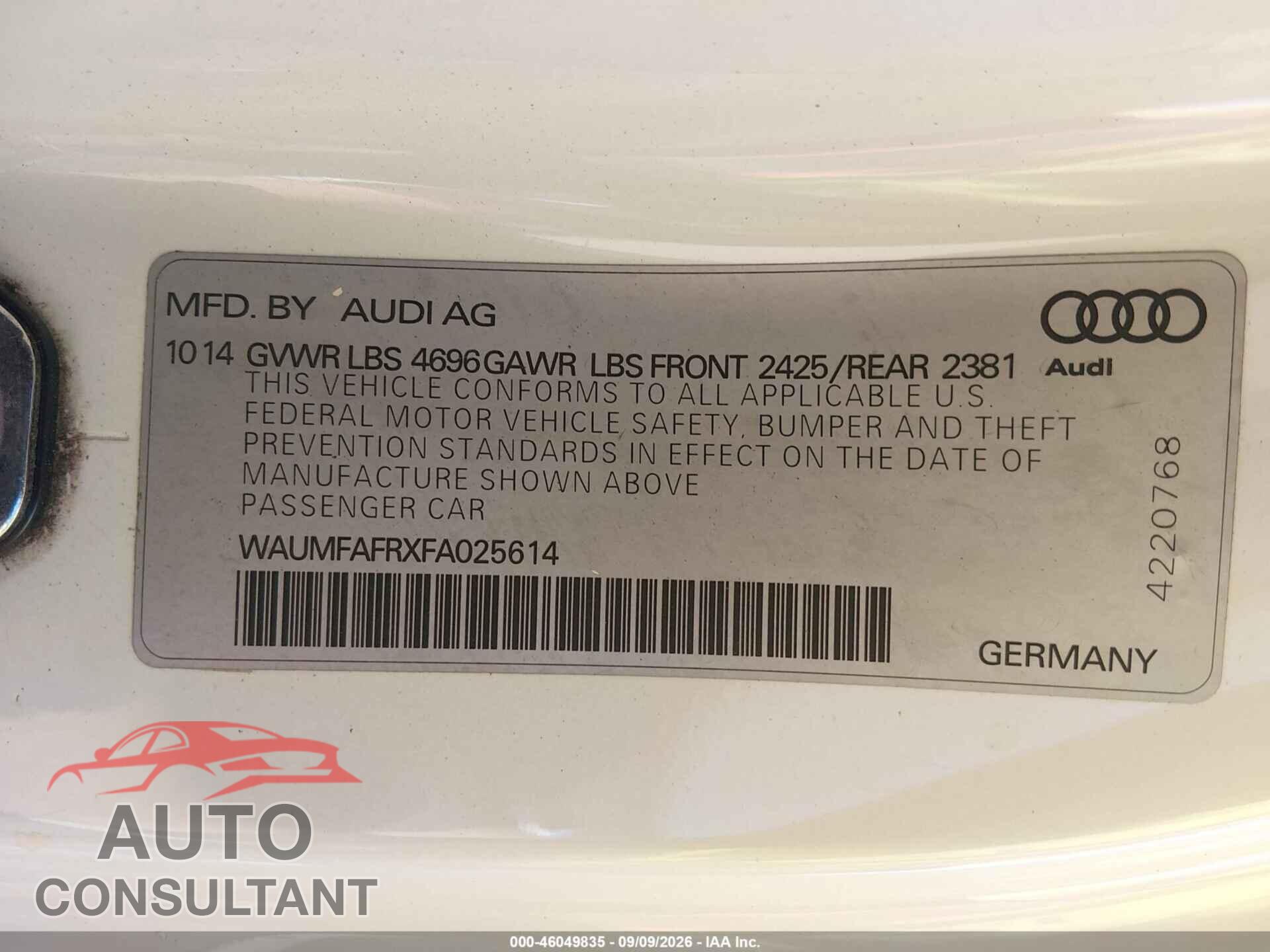 AUDI A5 2015 - WAUMFAFRXFA025614