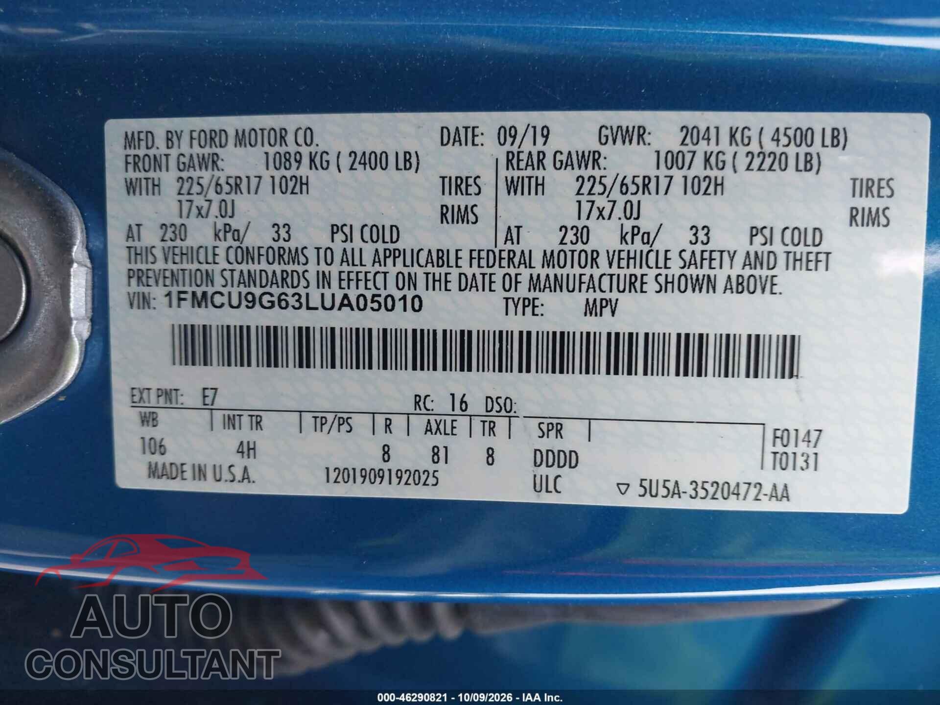 FORD ESCAPE 2020 - 1FMCU9G63LUA05010