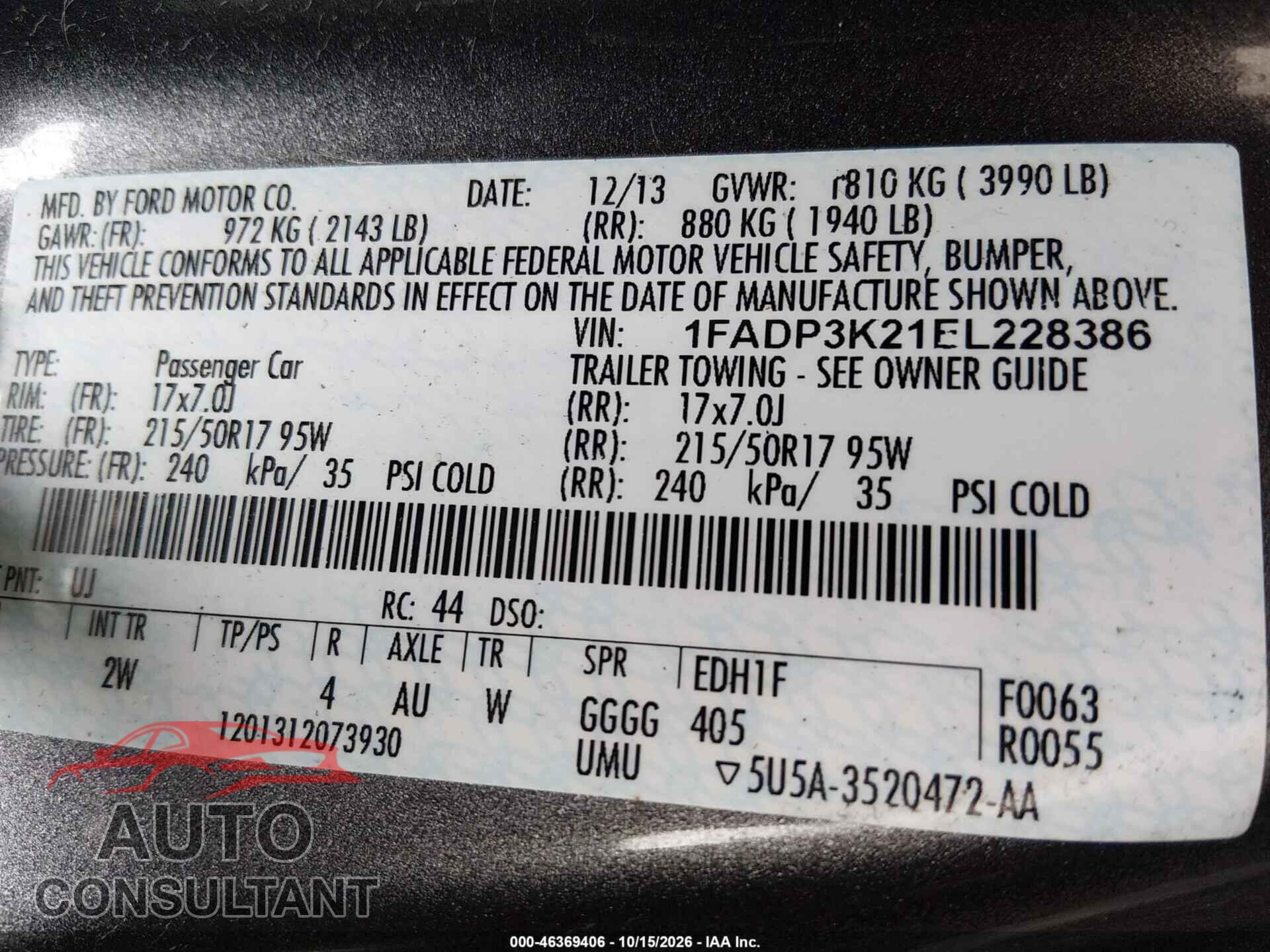 FORD FOCUS 2014 - 1FADP3K21EL228386