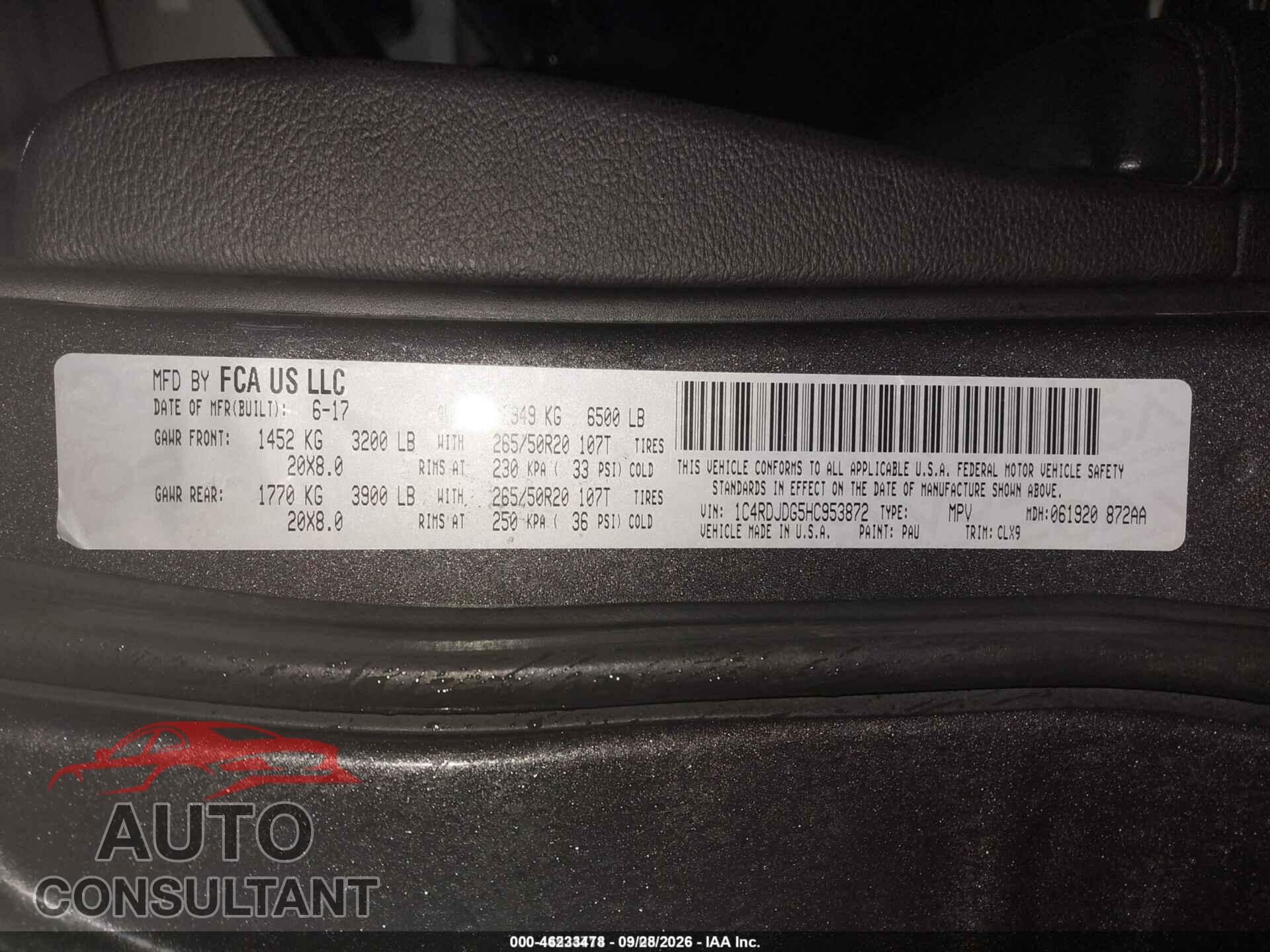 DODGE DURANGO 2017 - 1C4RDJDG5HC953872