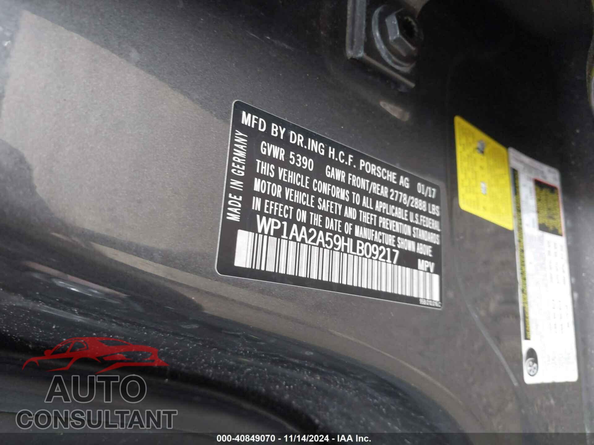 PORSCHE MACAN 2017 - WP1AA2A59HLB09217