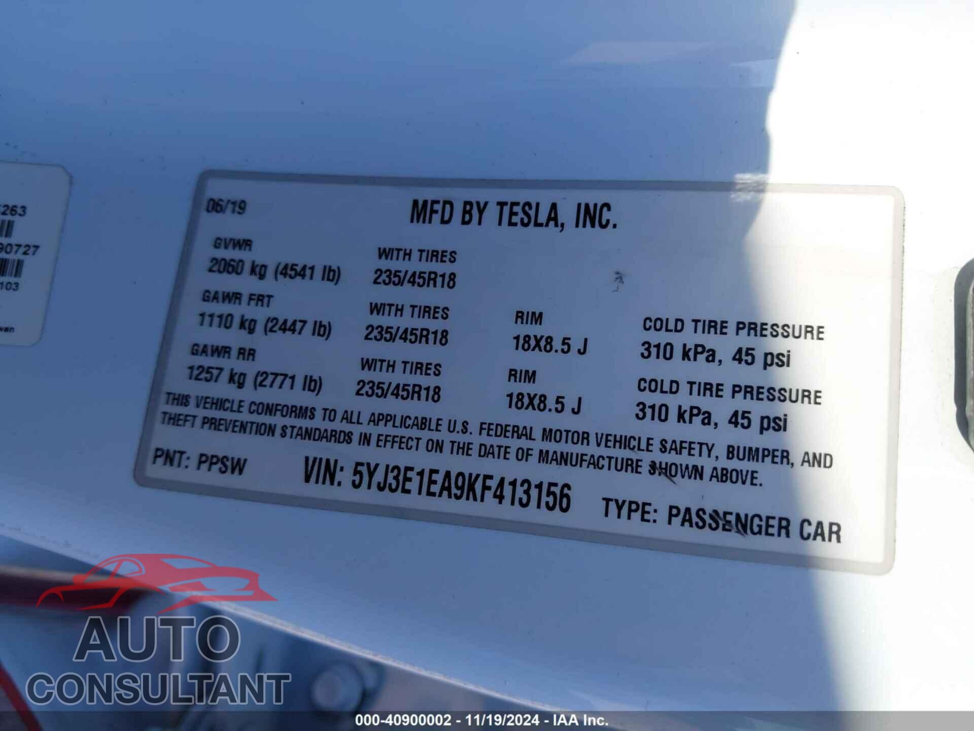 TESLA MODEL 3 2019 - 5YJ3E1EA9KF413156