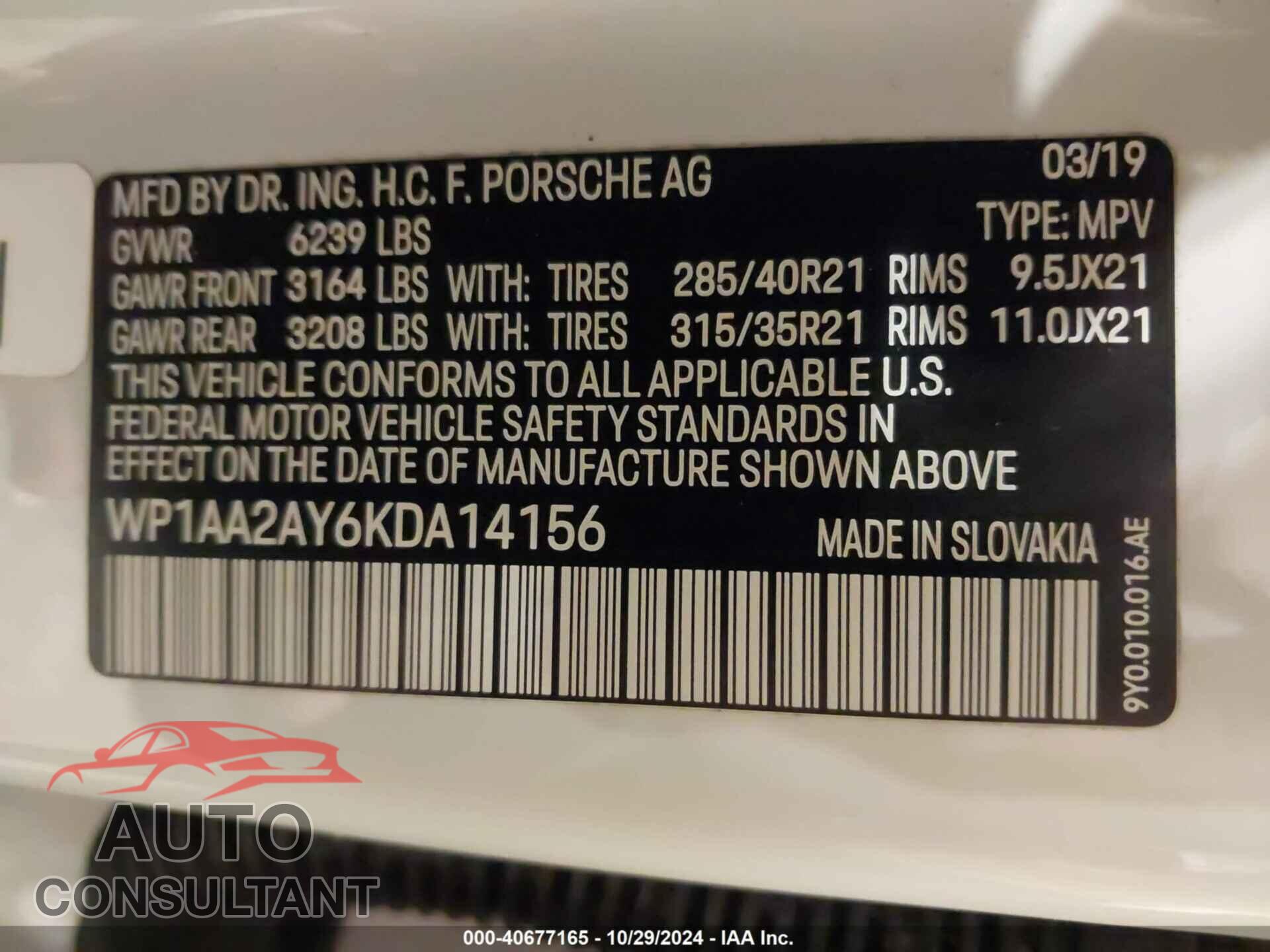 PORSCHE CAYENNE 2019 - WP1AA2AY6KDA14156