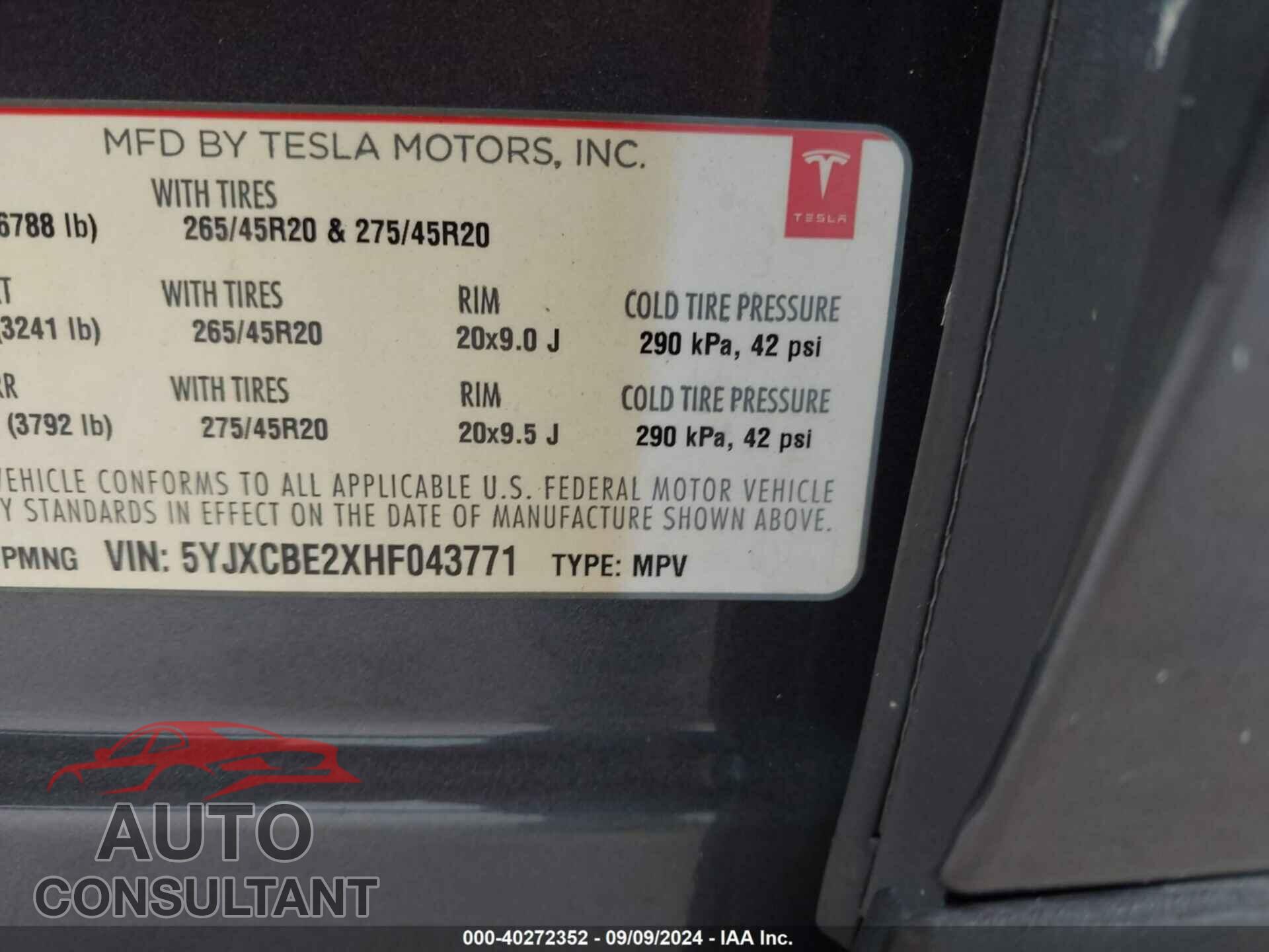 TESLA MODEL X 2017 - 5YJXCBE2XHF043771