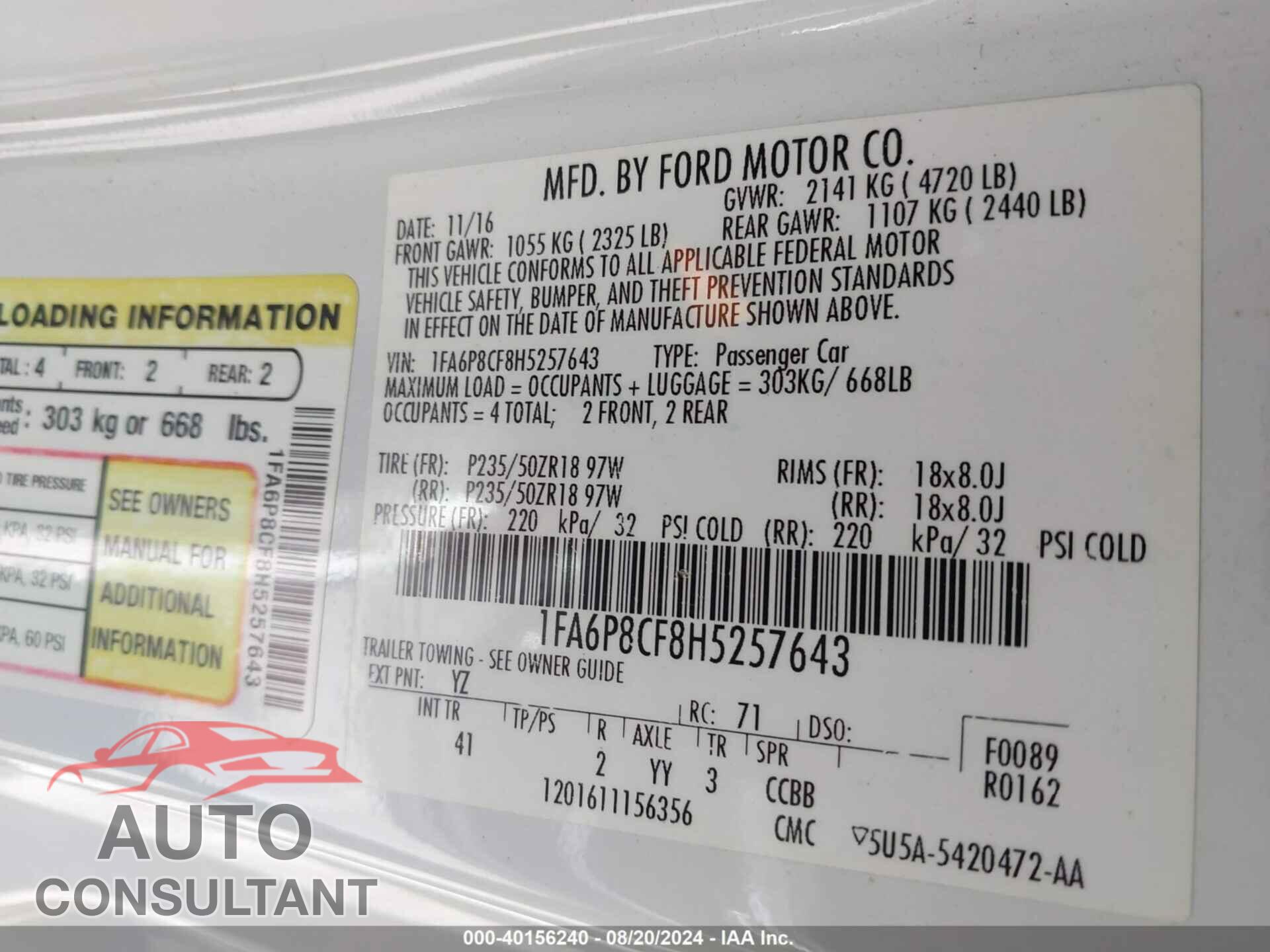 FORD MUSTANG 2017 - 1FA6P8CF8H5257643