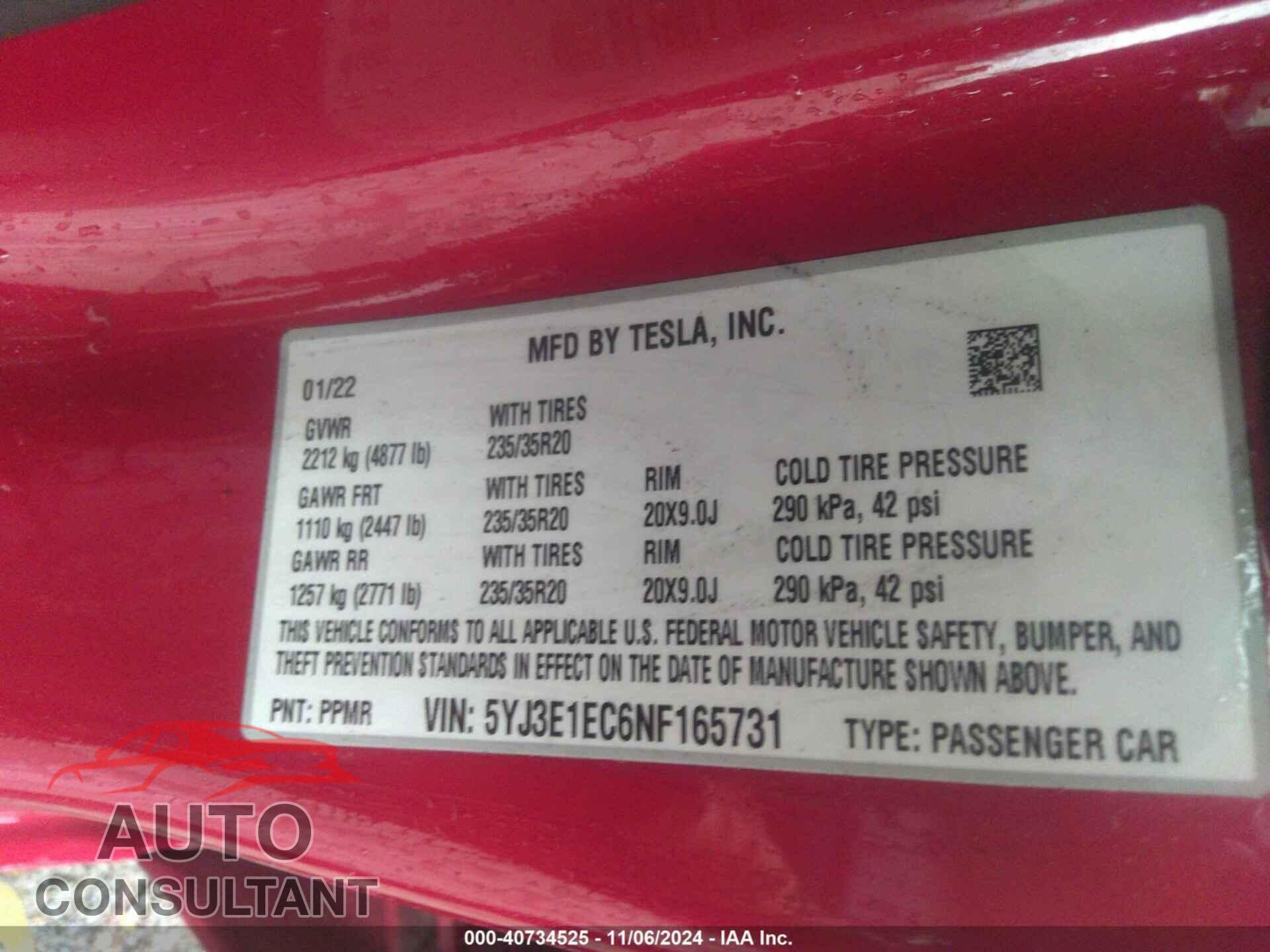 TESLA MODEL 3 2022 - 5YJ3E1EC6NF165731