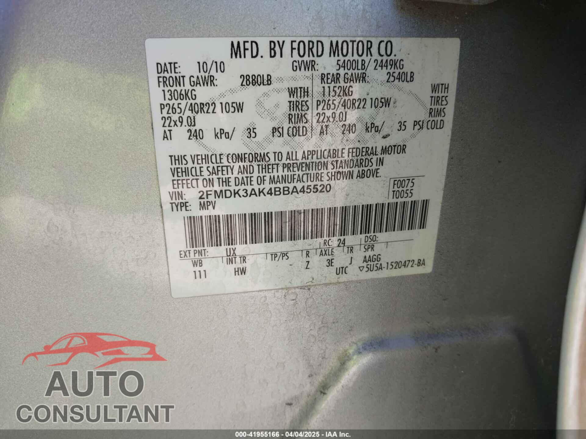 FORD EDGE 2011 - 2FMDK3AK4BBA45520