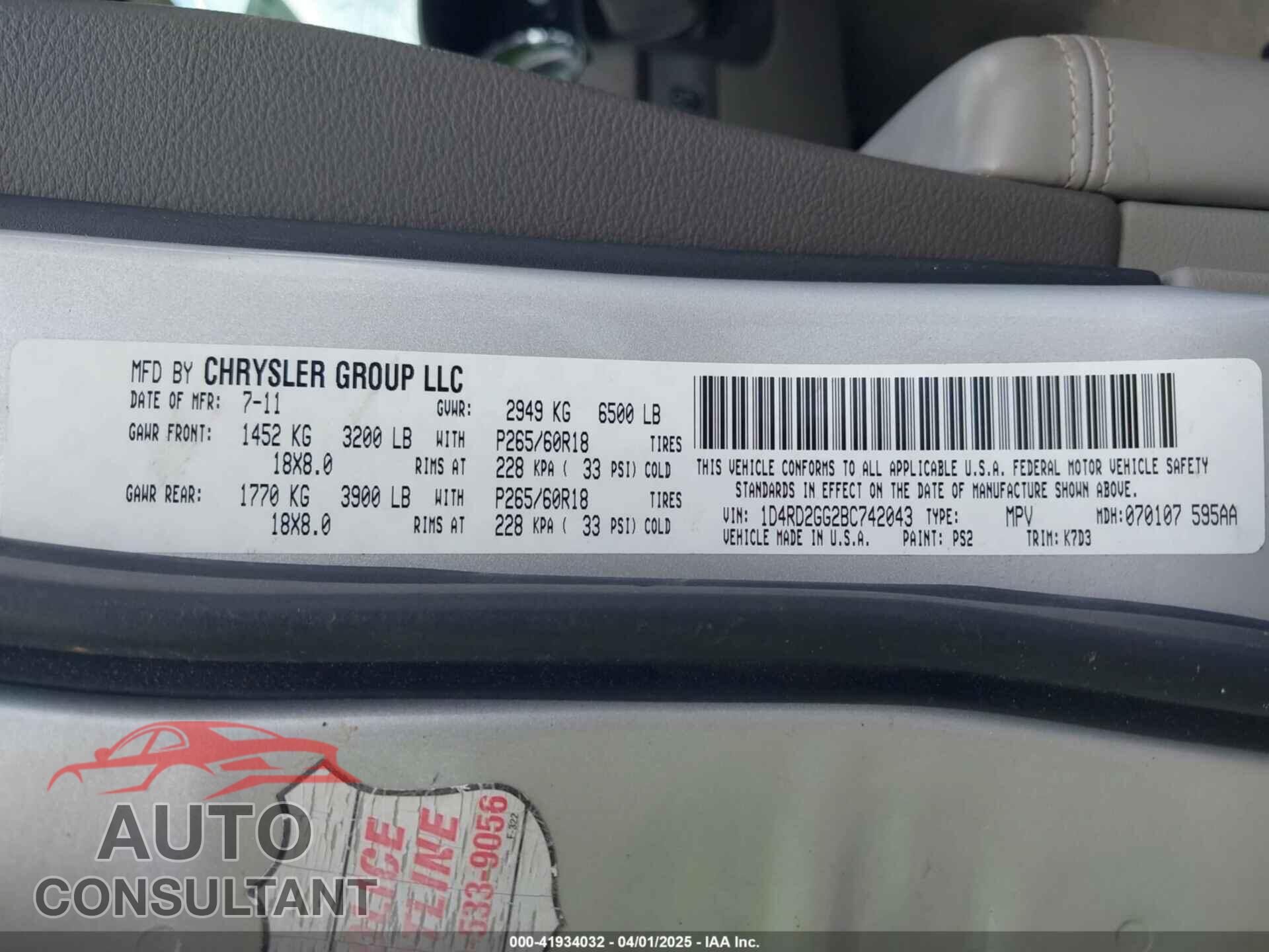DODGE DURANGO 2011 - 1D4RD2GG2BC742043