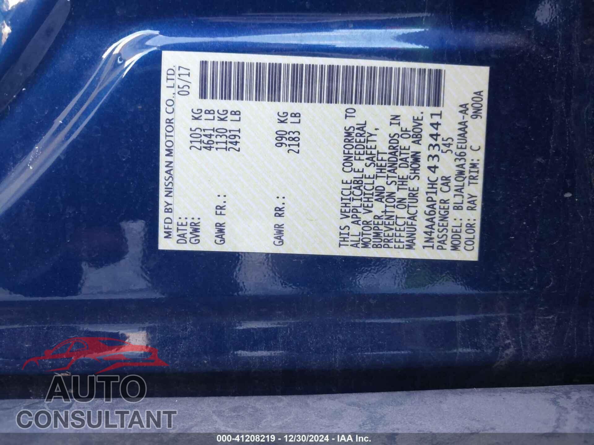NISSAN MAXIMA 2017 - 1N4AA6AP1HC433441