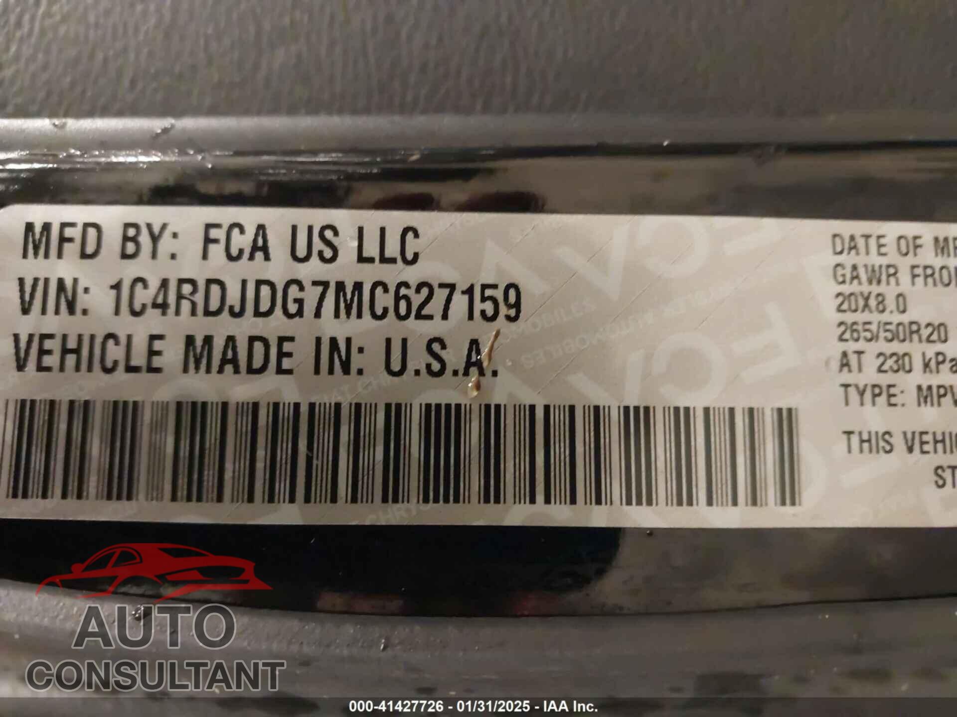 DODGE DURANGO 2021 - 1C4RDJDG7MC627159