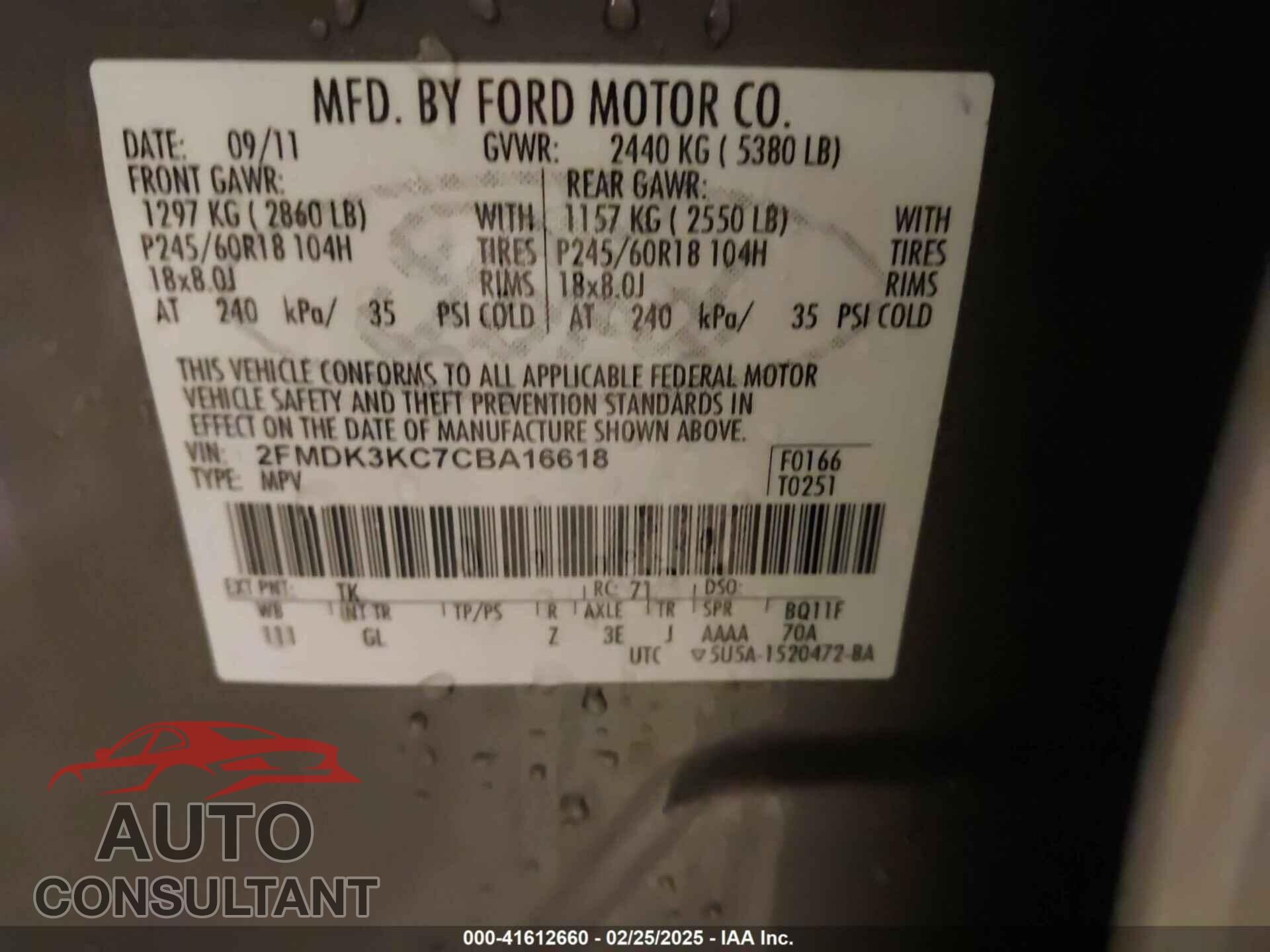 FORD EDGE 2012 - 2FMDK3KC7CBA16618