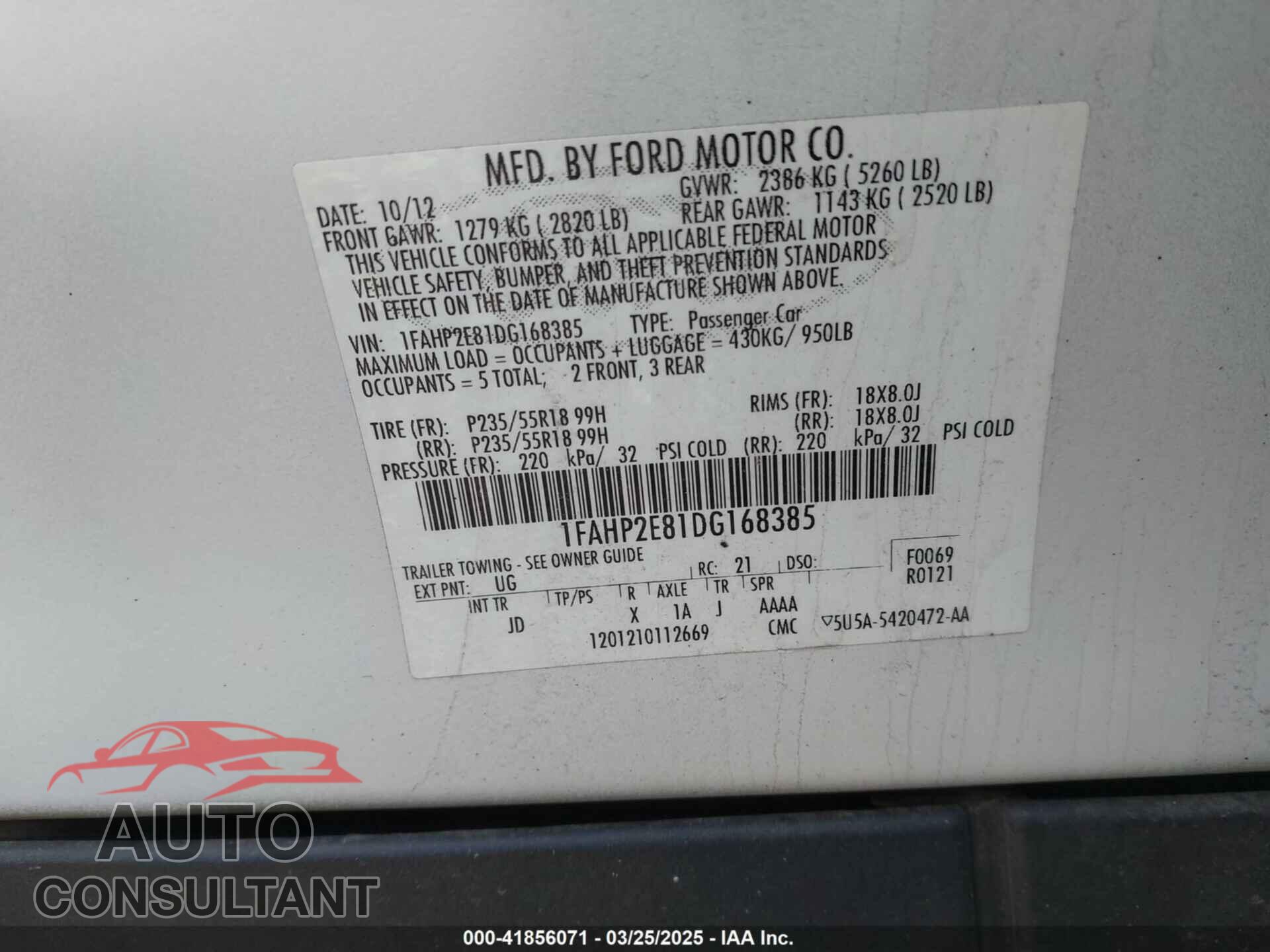 FORD TAURUS 2013 - 1FAHP2E81DG168385
