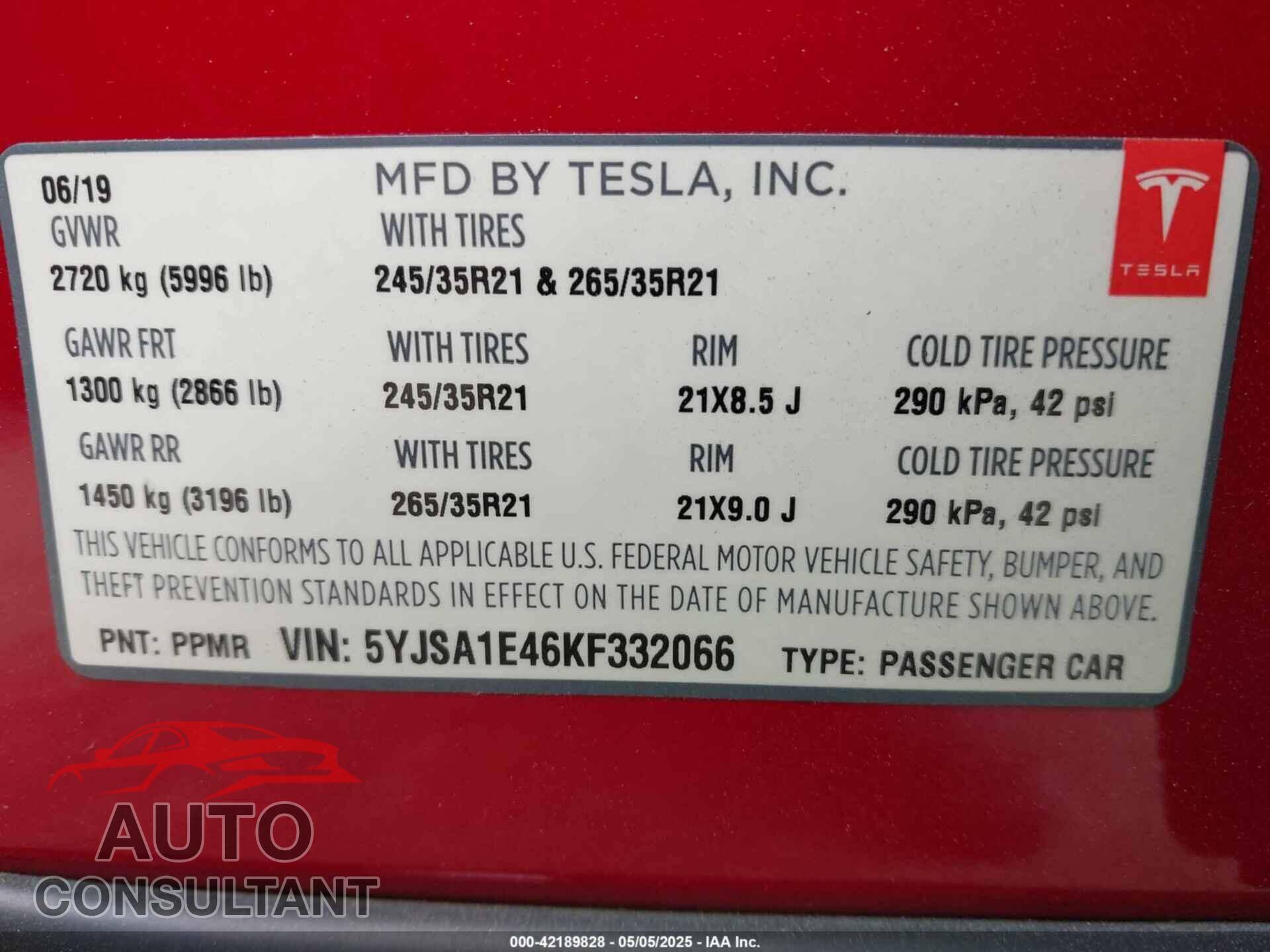 TESLA MODEL S 2019 - 5YJSA1E46KF332066