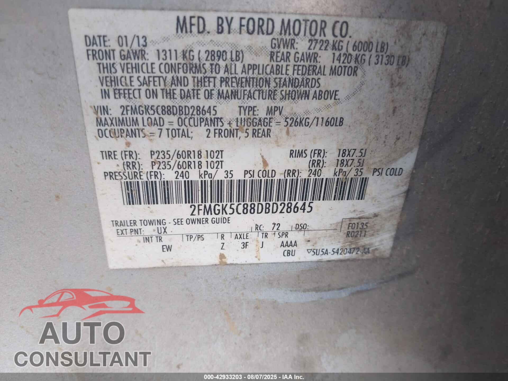 FORD FLEX 2013 - 2FMGK5C88DBD28645