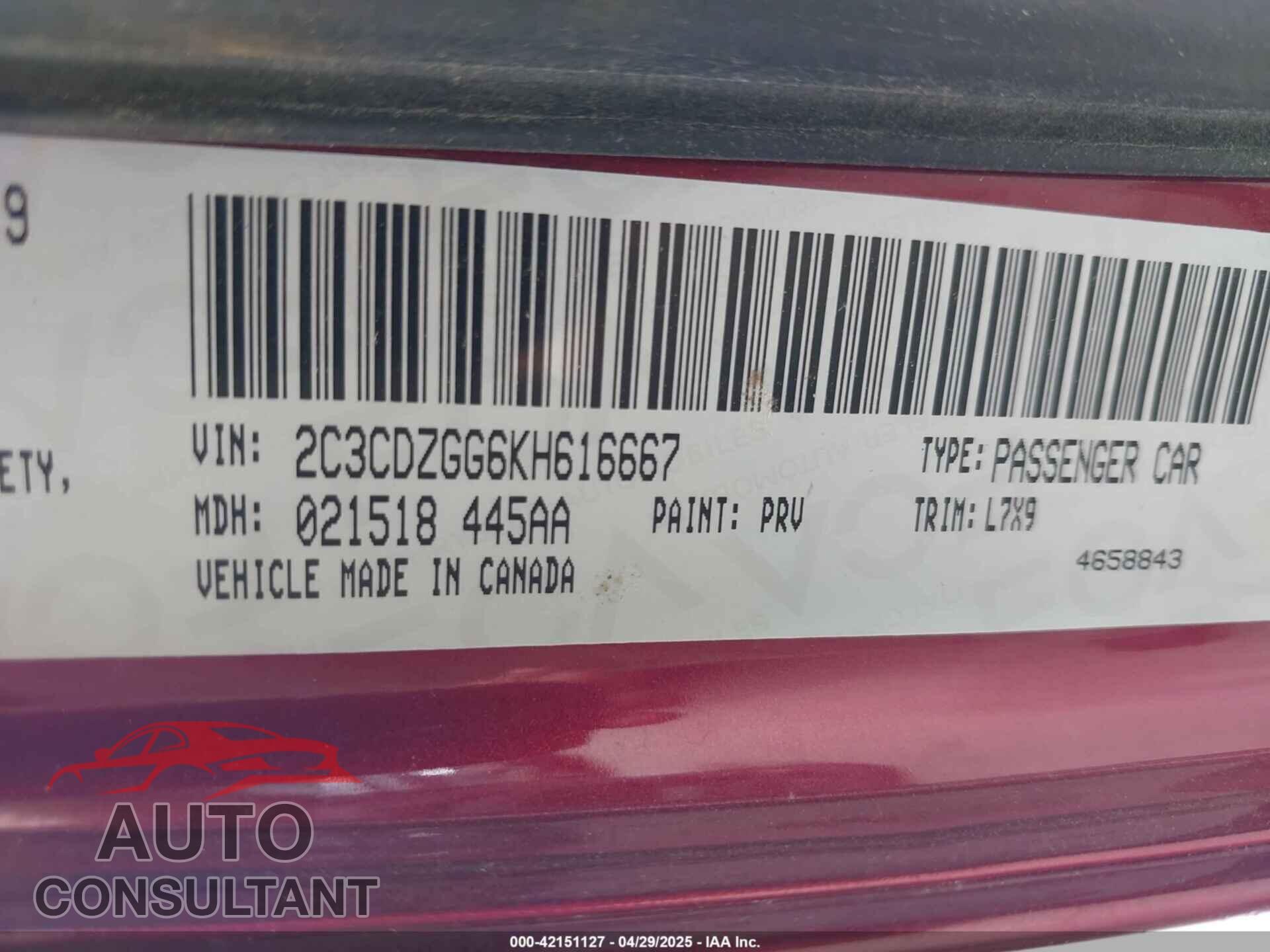 DODGE CHALLENGER 2019 - 2C3CDZGG6KH616667