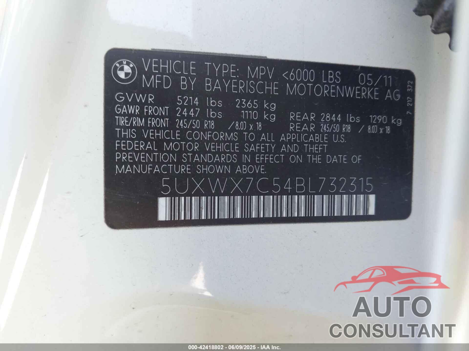 BMW X3 2011 - 5UXWX7C54BL732315