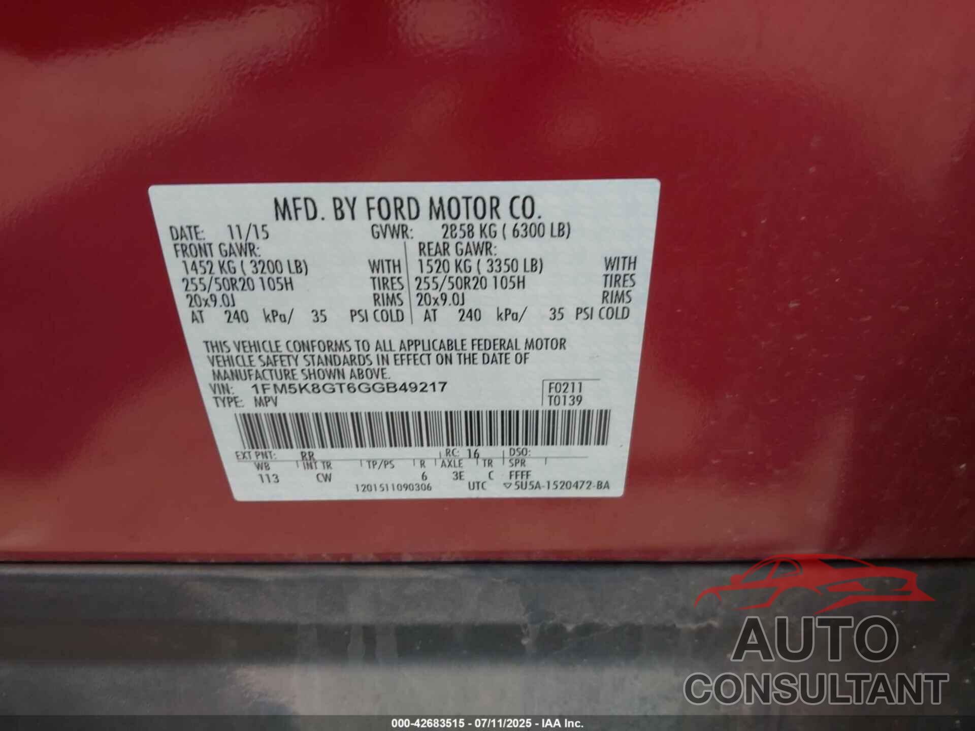 FORD EXPLORER 2016 - 1FM5K8GT6GGB49217