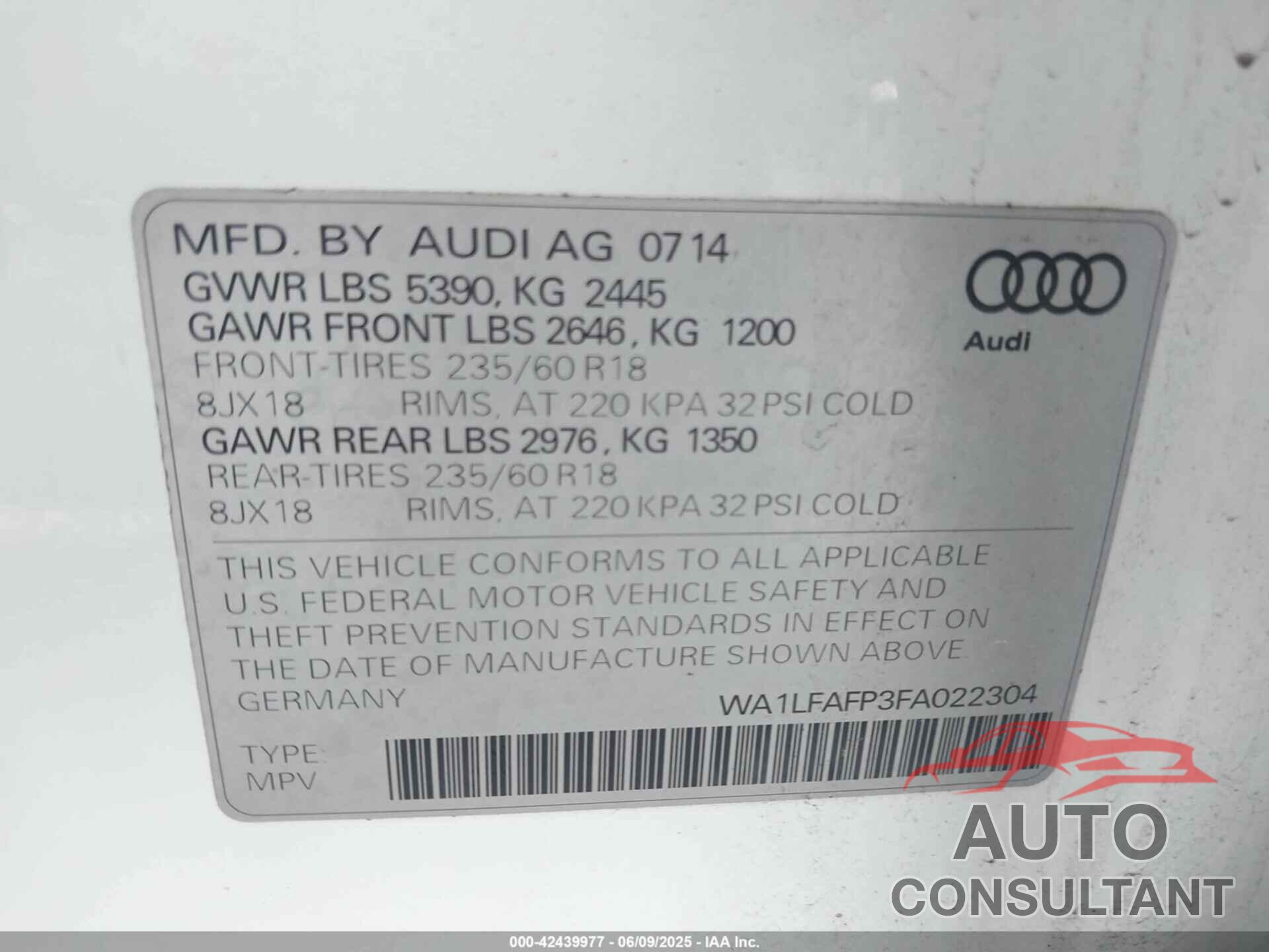 AUDI Q5 2015 - WA1LFAFP3FA022304