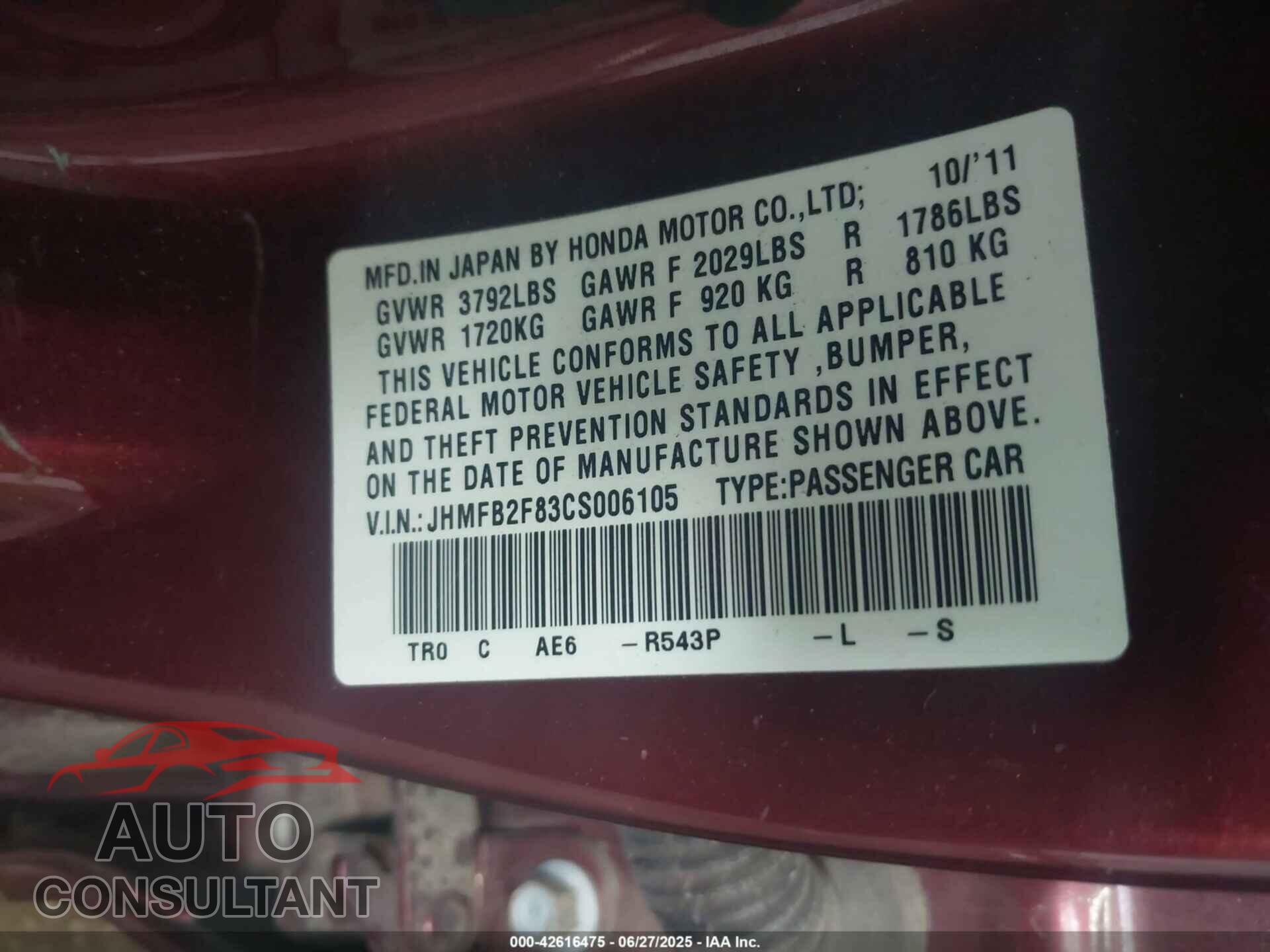HONDA CIVIC 2012 - JHMFB2F83CS006105