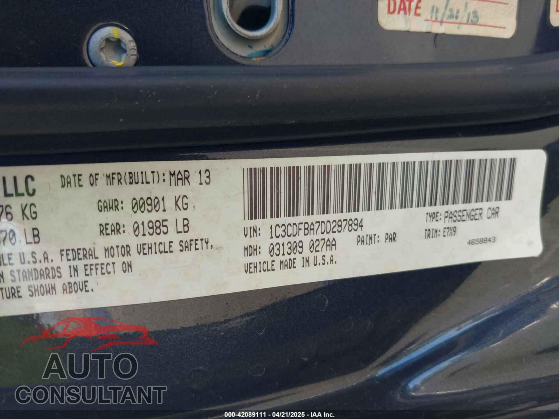 DODGE DART 2013 - 1C3CDFBA7DD297894