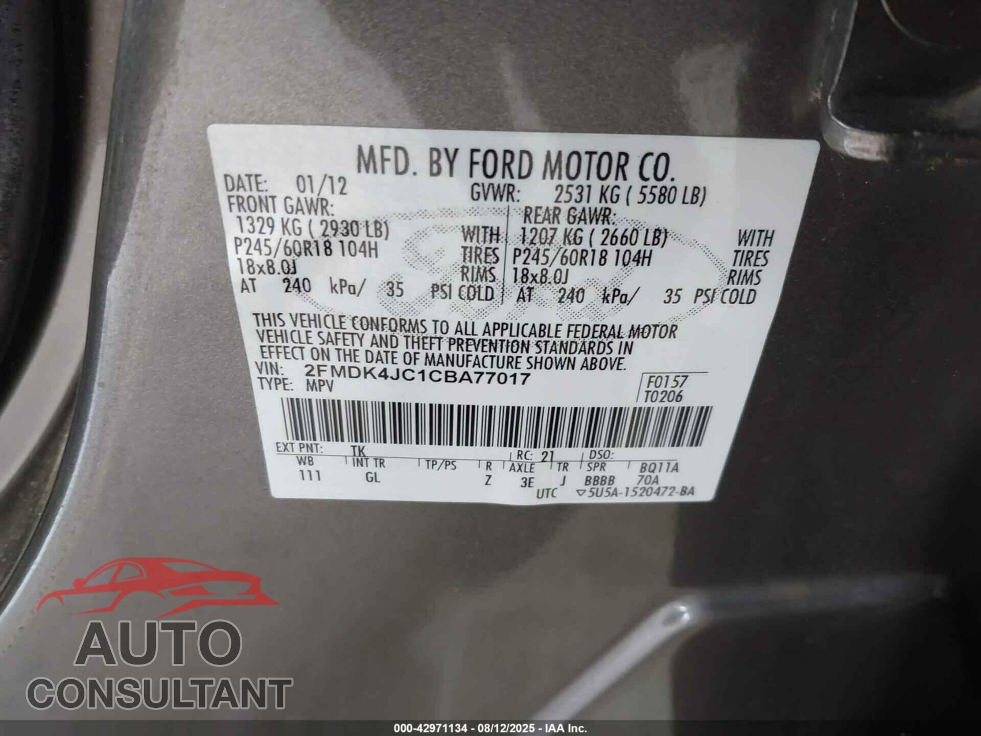 FORD EDGE 2012 - 2FMDK4JC1CBA77017