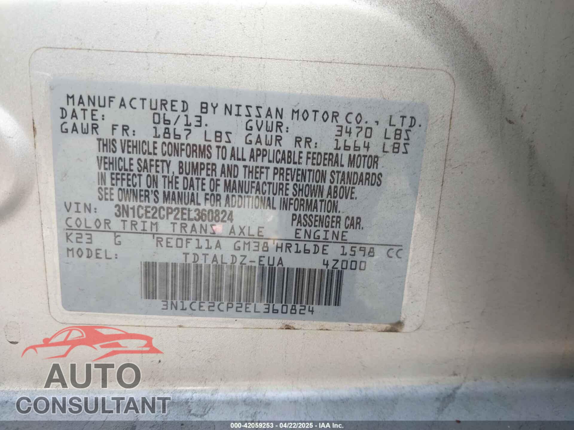 NISSAN VERSA NOTE 2014 - 3N1CE2CP2EL360824